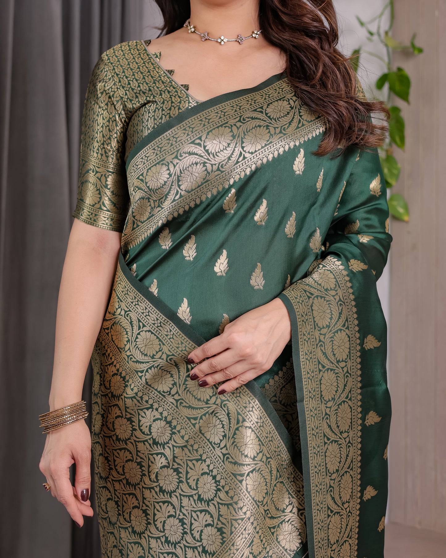 Lichu Silk Jacquard Weaving with Golden Zari Running Blouse