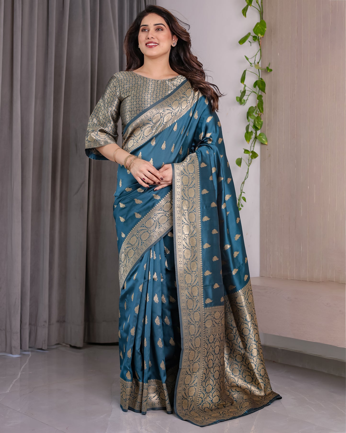 Lichu Silk Jacquard Weaving with Golden Zari Running Blouse