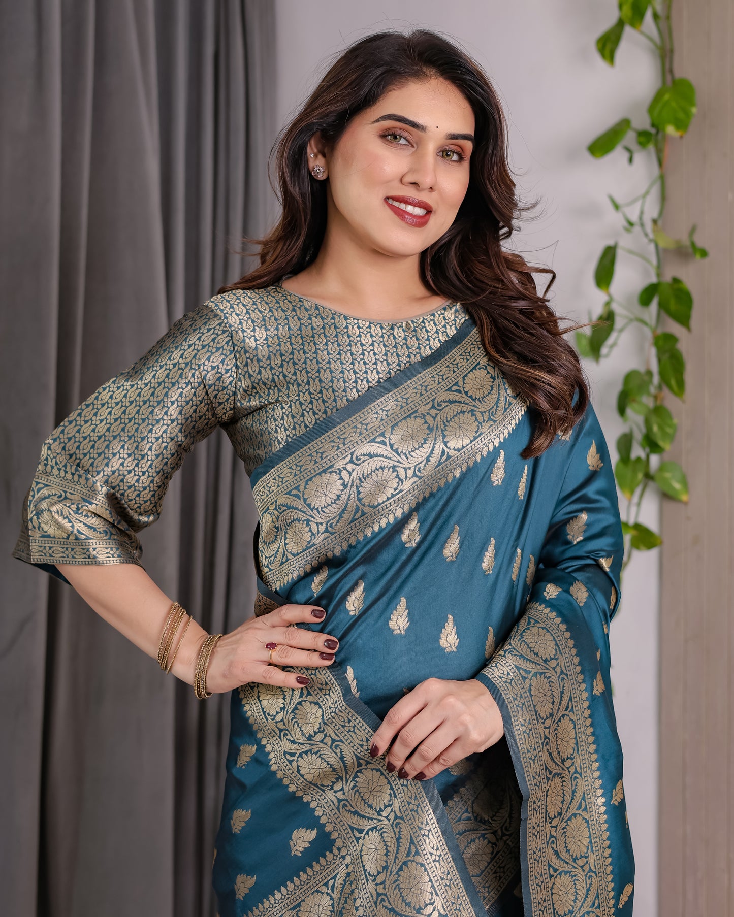 Lichu Silk Jacquard Weaving with Golden Zari Running Blouse