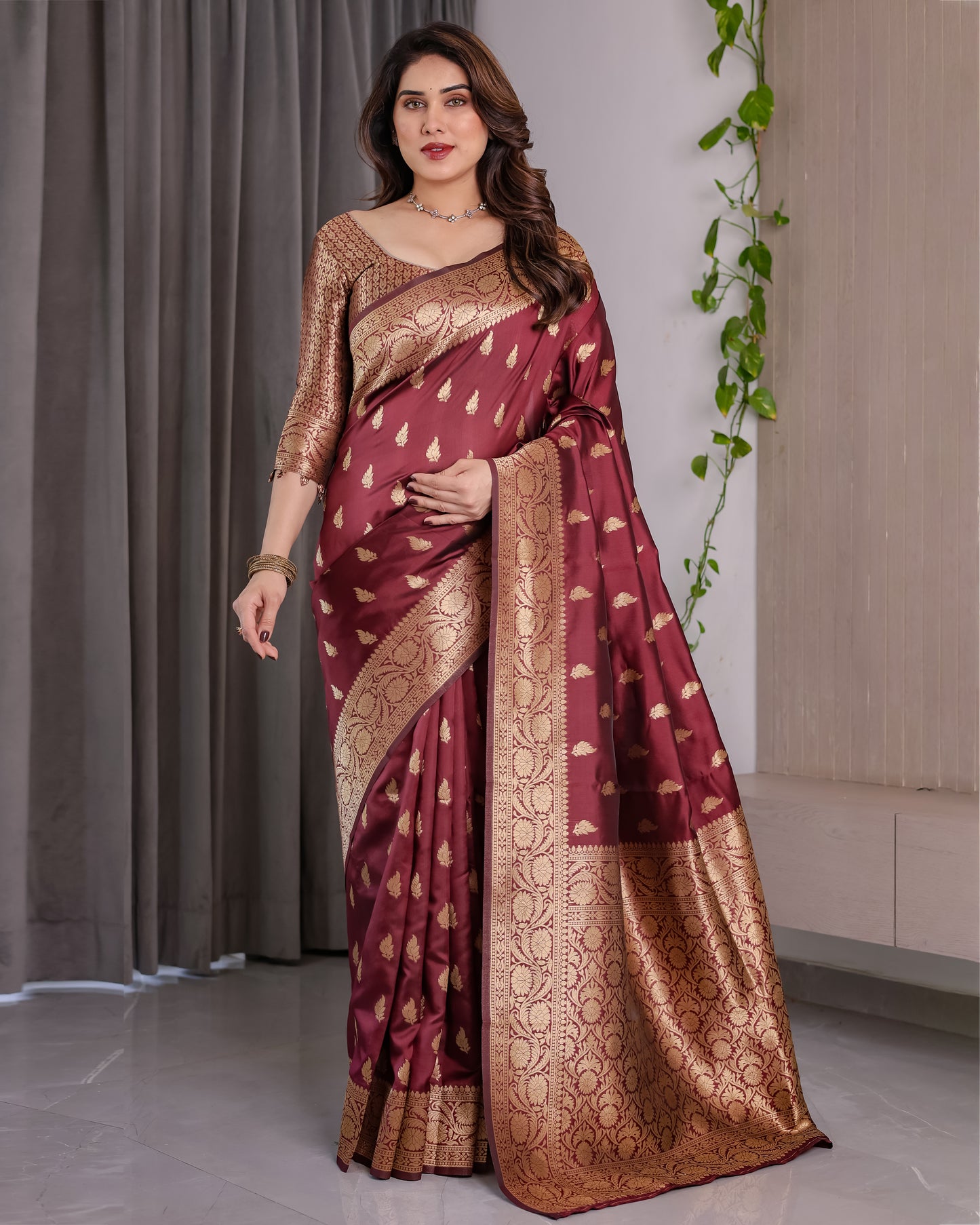 Lichu Silk Jacquard Weaving with Golden Zari Running Blouse
