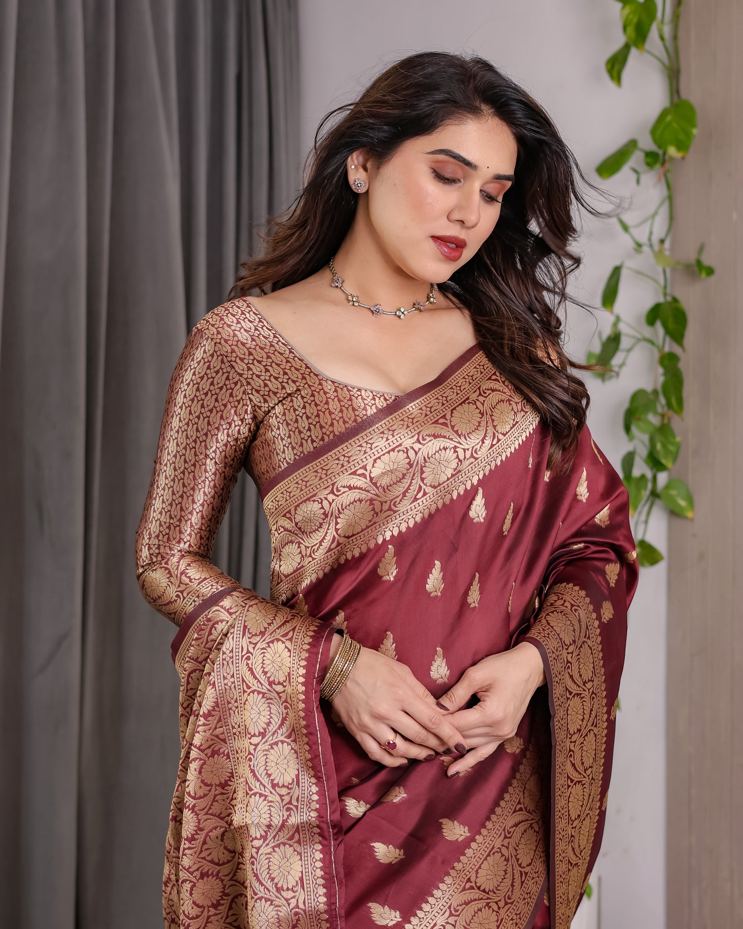 Lichu Silk Jacquard Weaving with Golden Zari Running Blouse