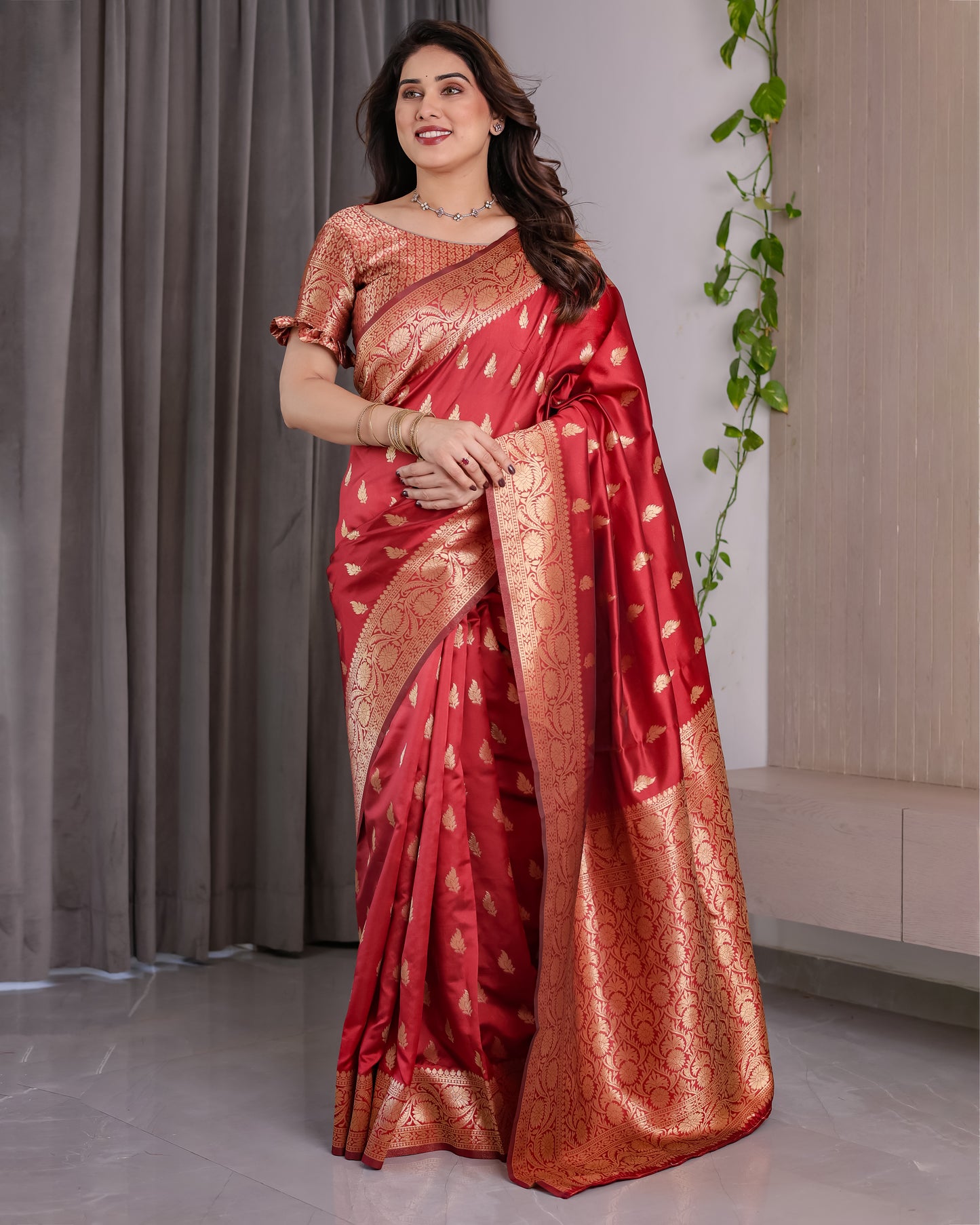 Lichu Silk Jacquard Weaving with Golden Zari Running Blouse