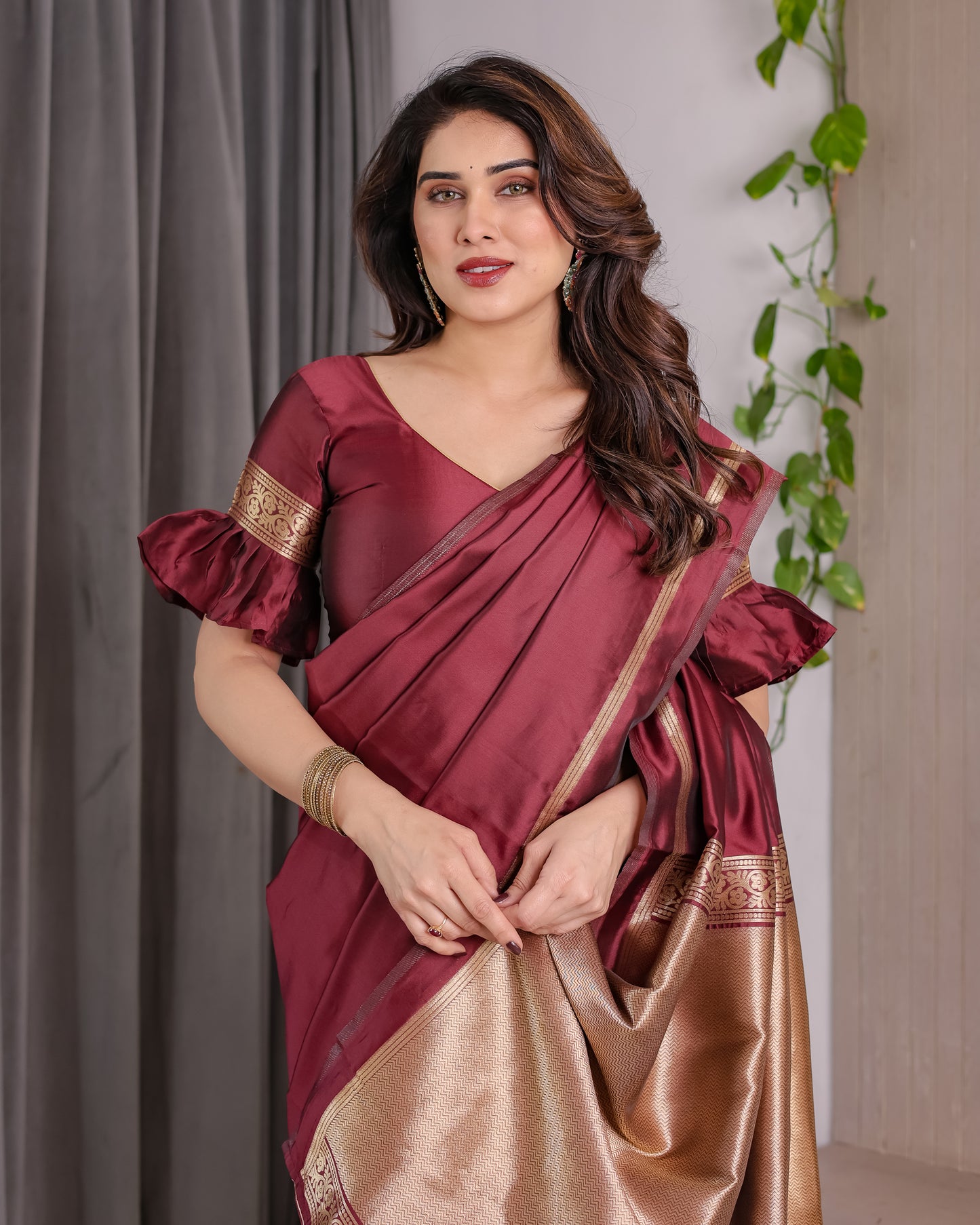 Lichu Silk Jacquard Weaving with Golden Zari Running Blouse