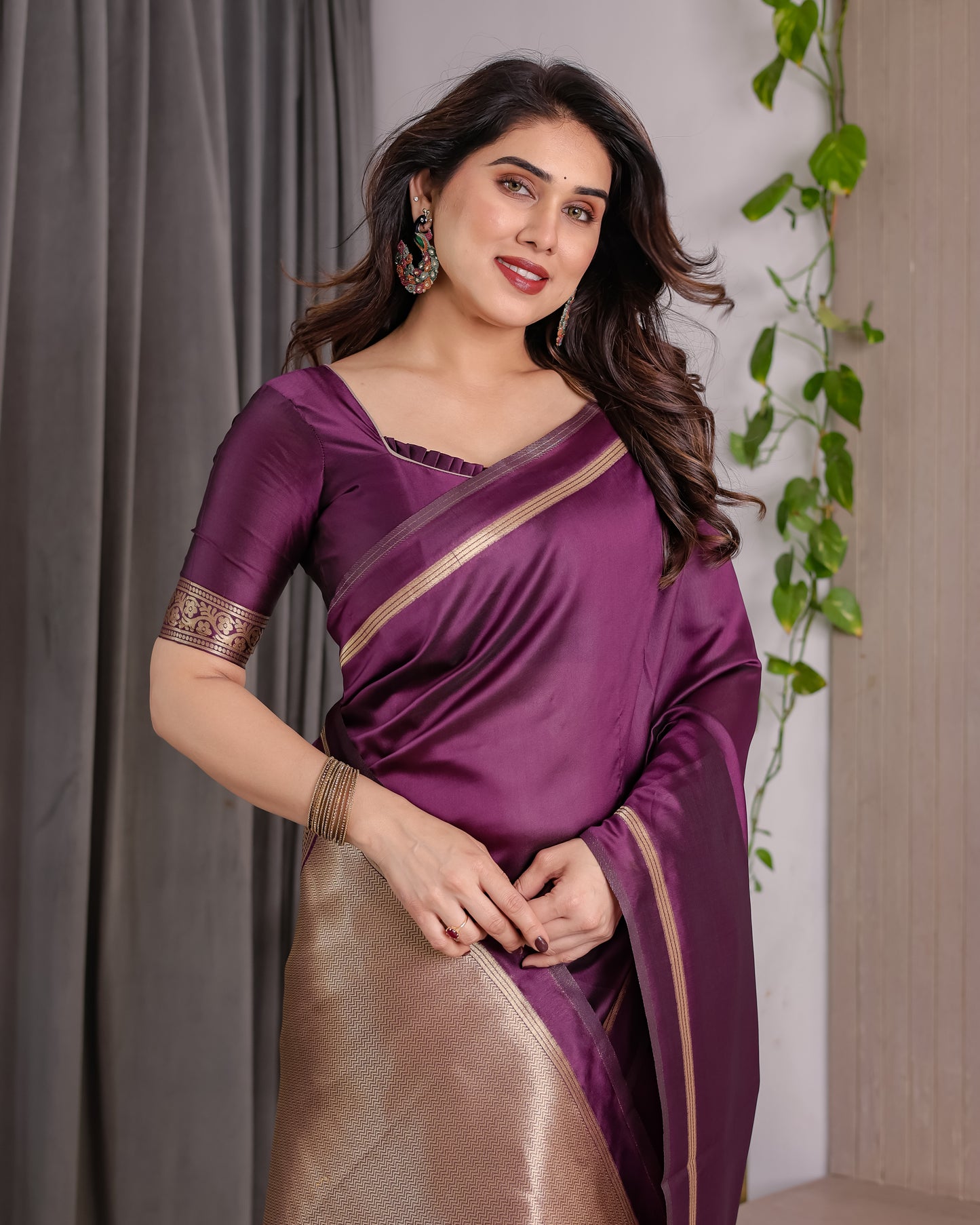 Lichu Silk Jacquard Weaving with Golden Zari Running Blouse