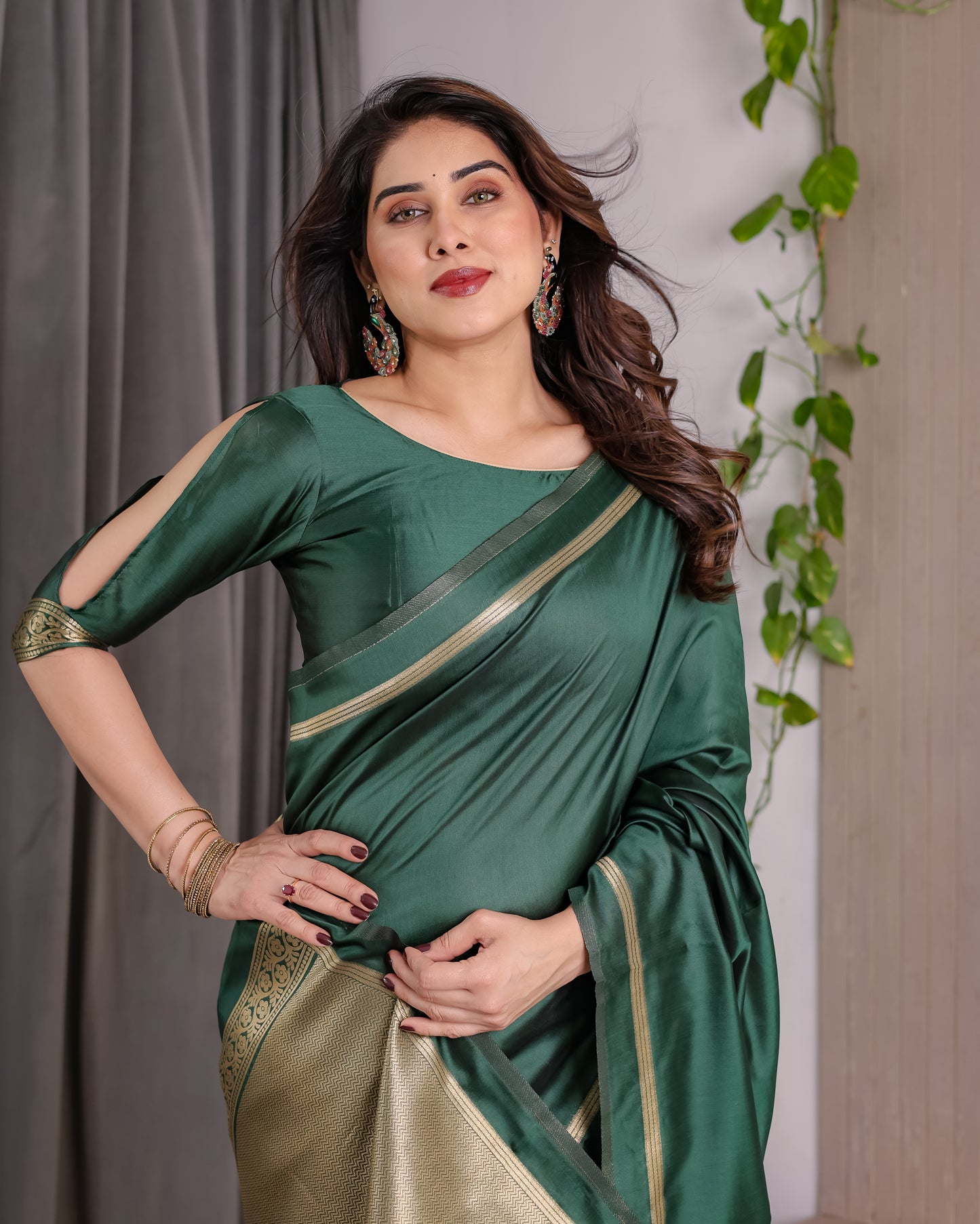 Lichu Silk Jacquard Weaving with Golden Zari Running Blouse