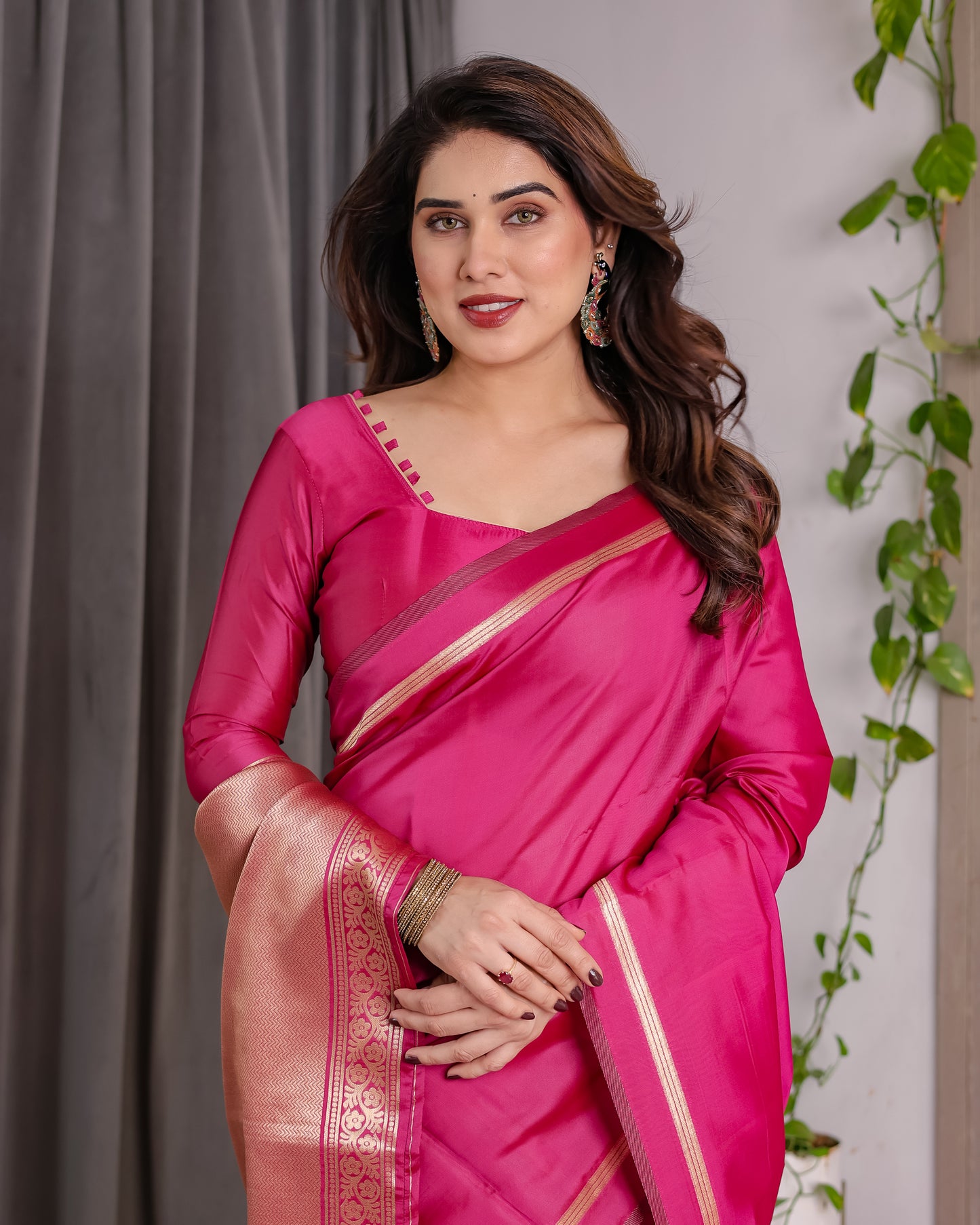 Lichu Silk Jacquard Weaving with Golden Zari Running Blouse