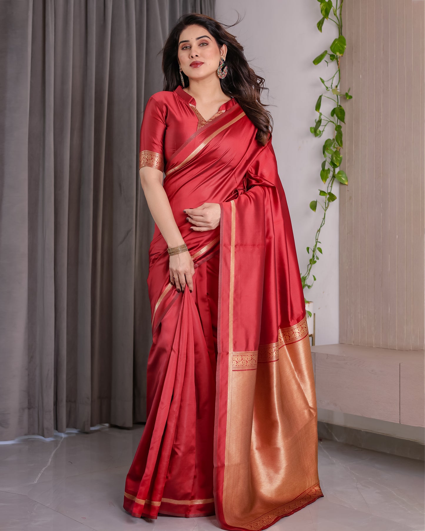Lichu Silk Jacquard Weaving with Golden Zari Running Blouse