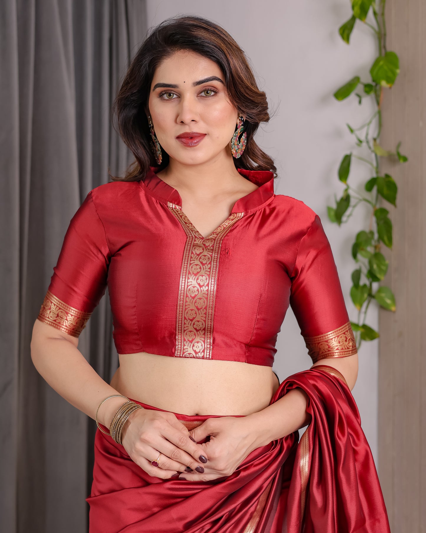 Lichu Silk Jacquard Weaving with Golden Zari Running Blouse