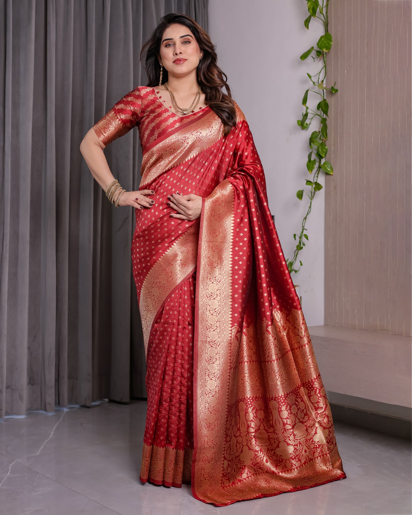Lichu Silk Jacquard Weaving with Golden Zari Running Blouse