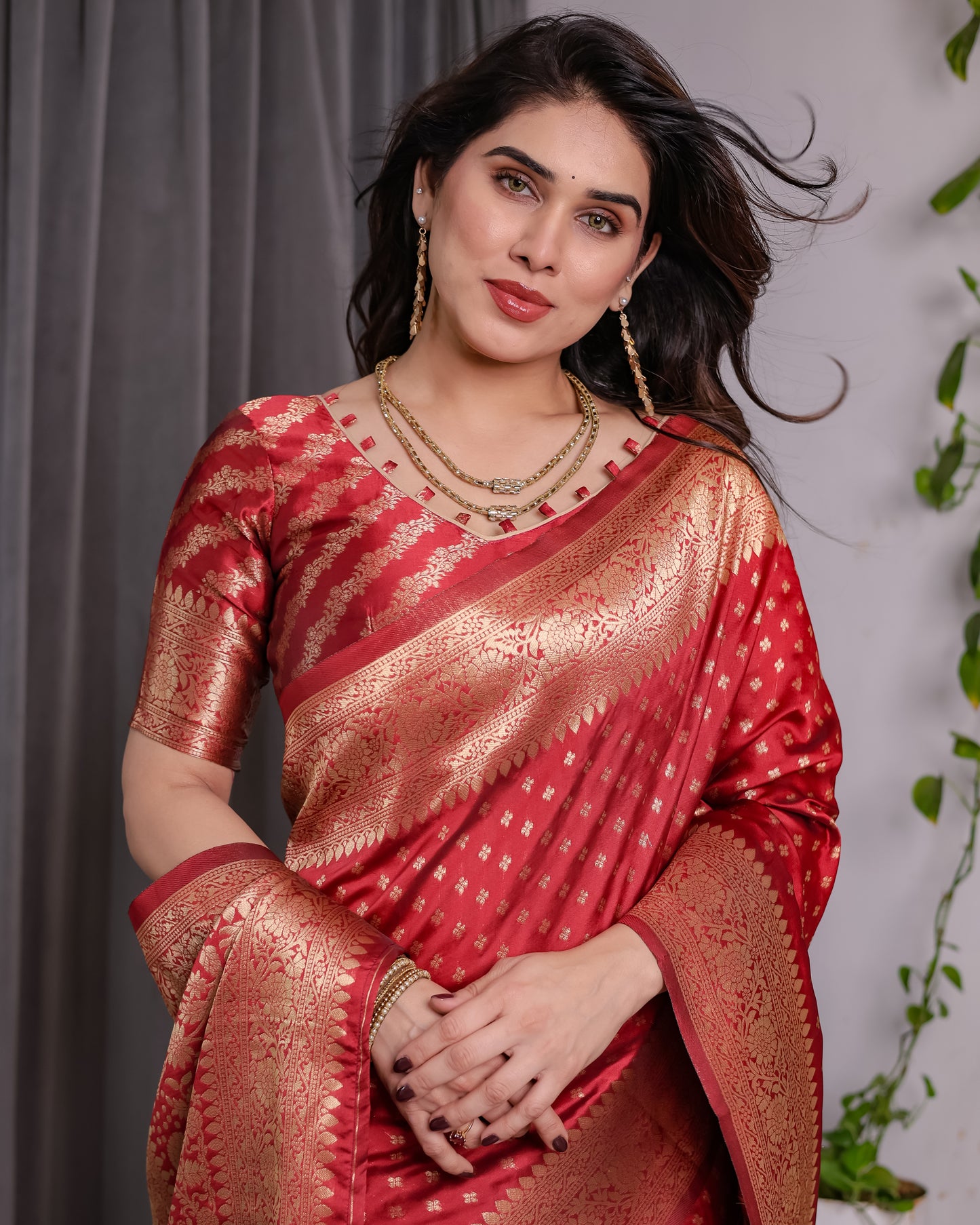Lichu Silk Jacquard Weaving with Golden Zari Running Blouse