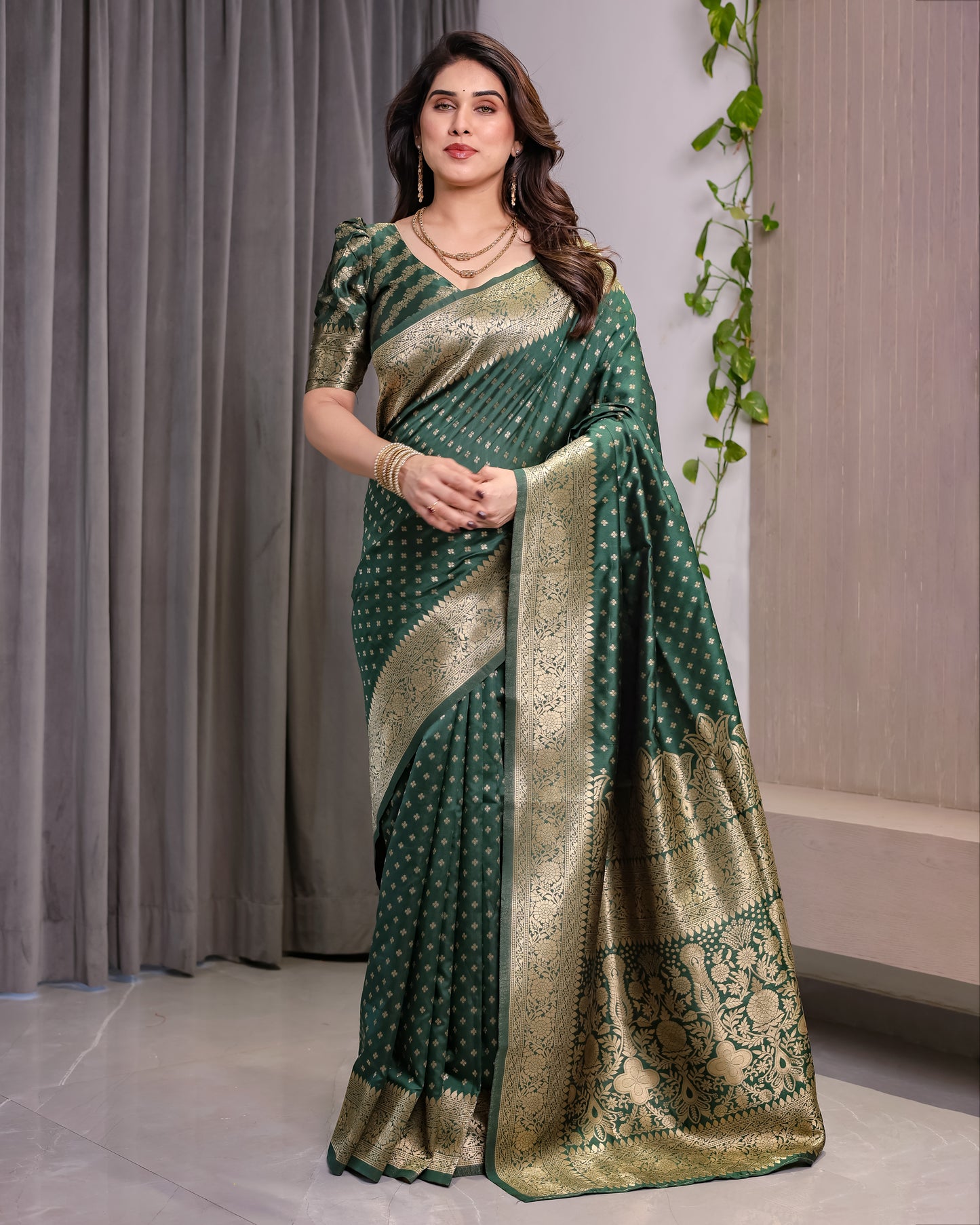 Lichu Silk Jacquard Weaving with Golden Zari Running Blouse