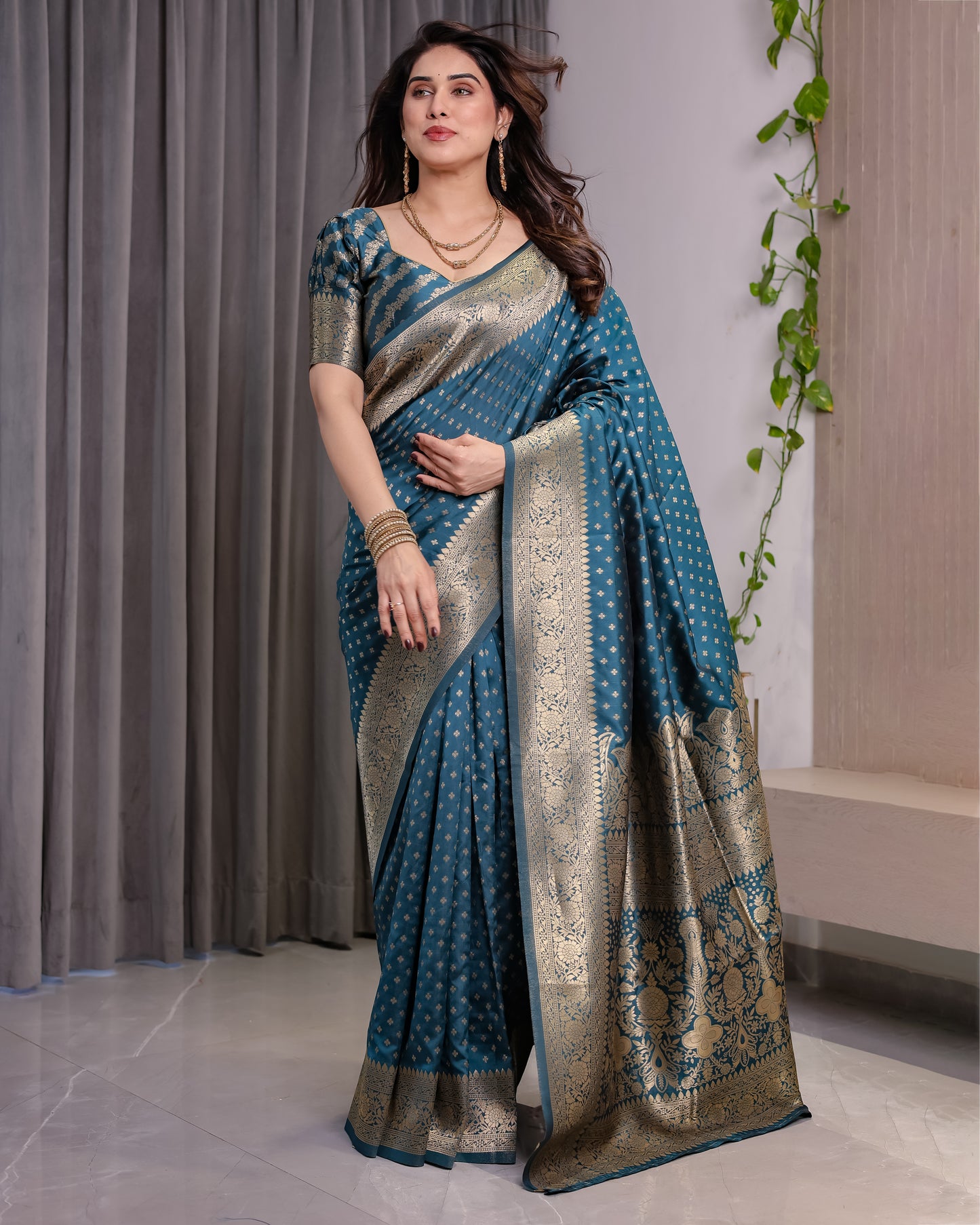 Lichu Silk Jacquard Weaving with Golden Zari Running Blouse