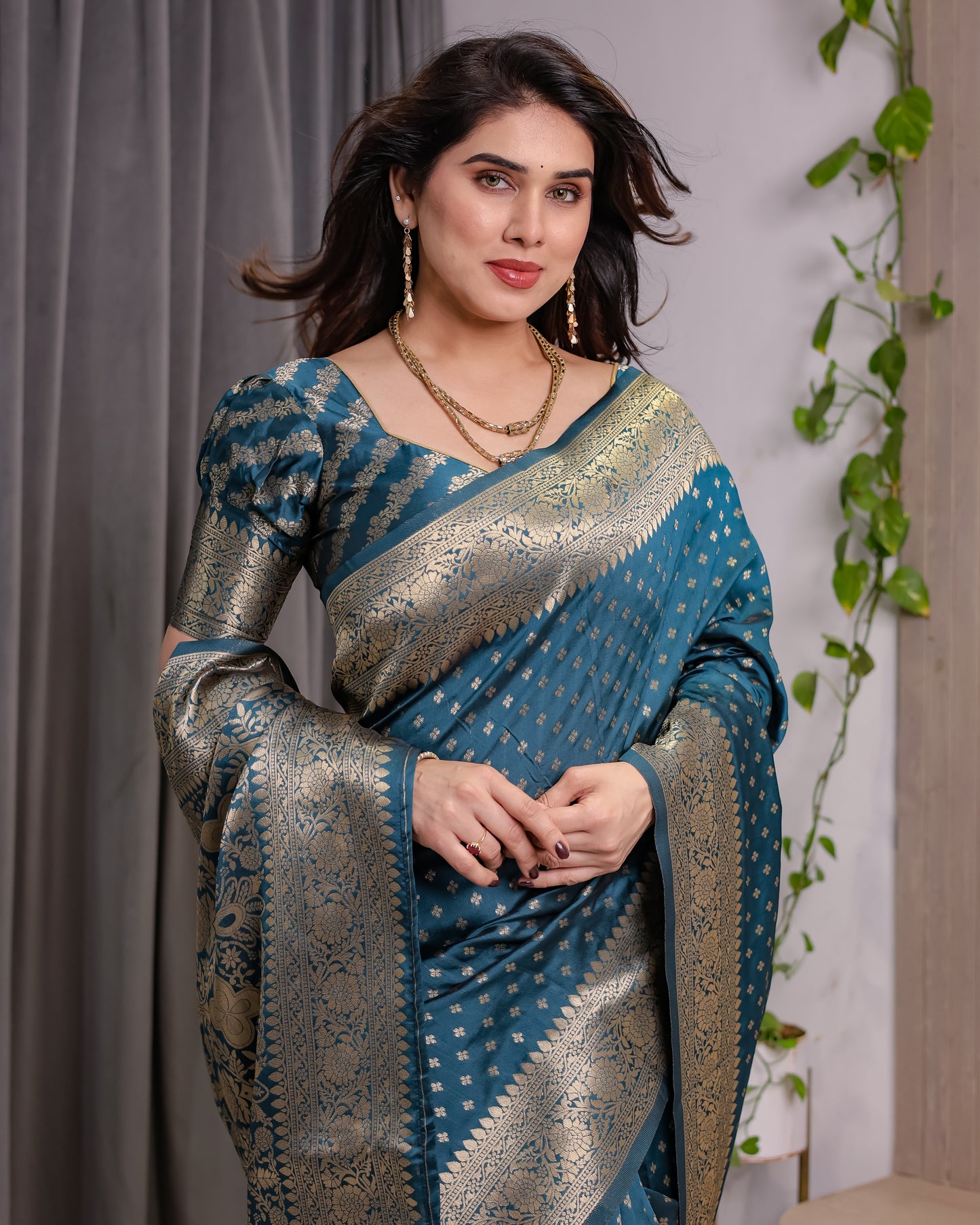 Lichu Silk Jacquard Weaving with Golden Zari Running Blouse
