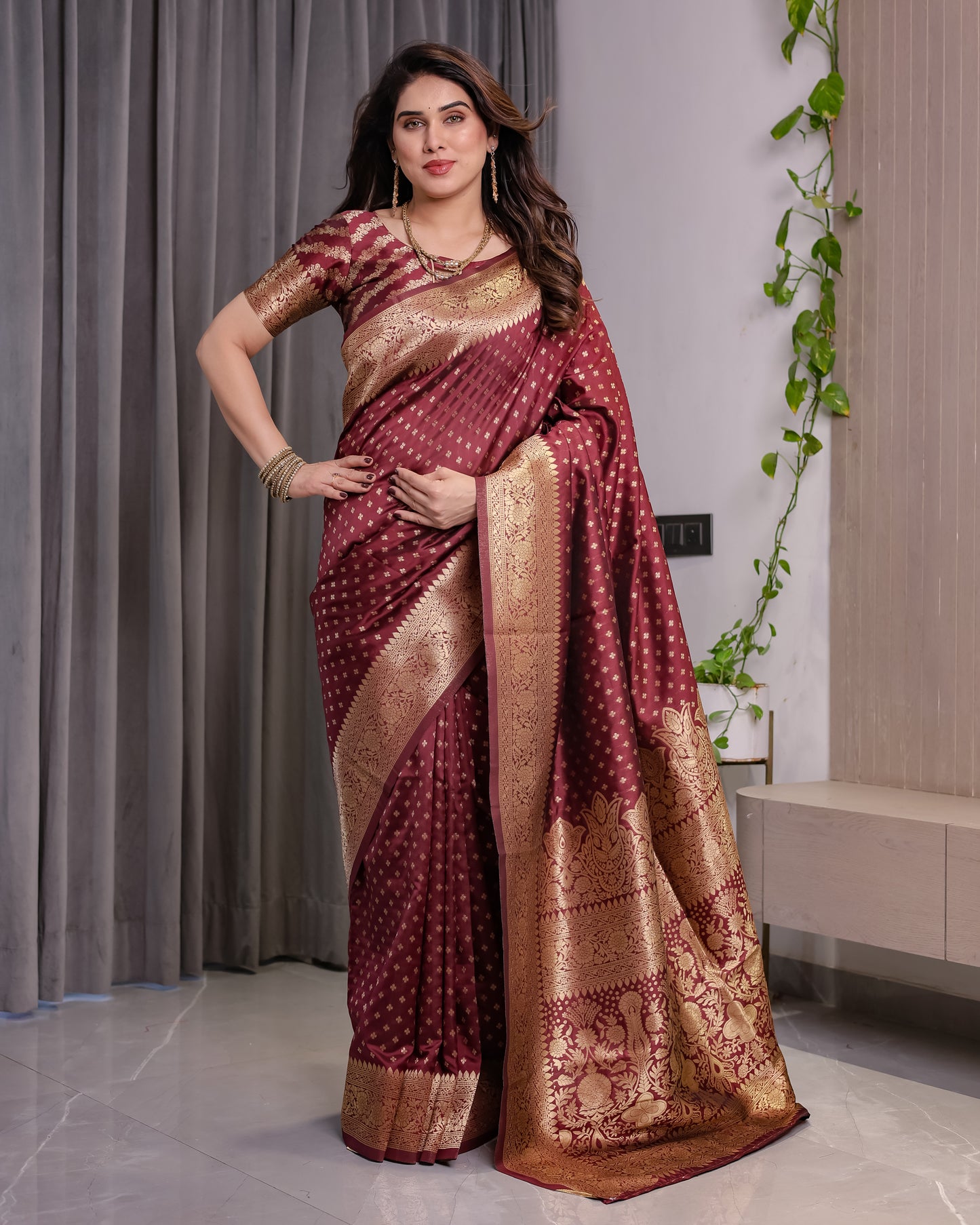 Lichu Silk Jacquard Weaving with Golden Zari Running Blouse