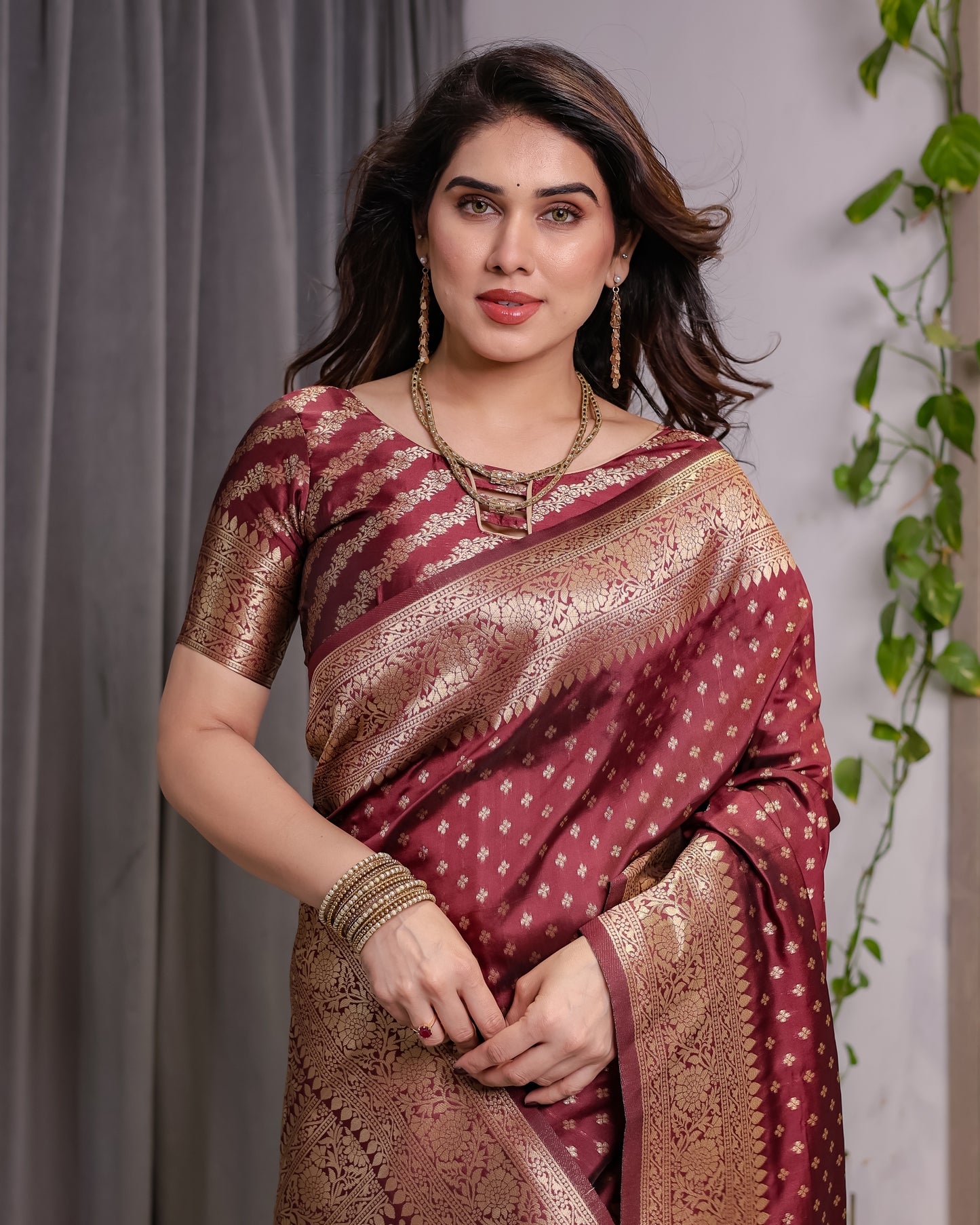 Lichu Silk Jacquard Weaving with Golden Zari Running Blouse