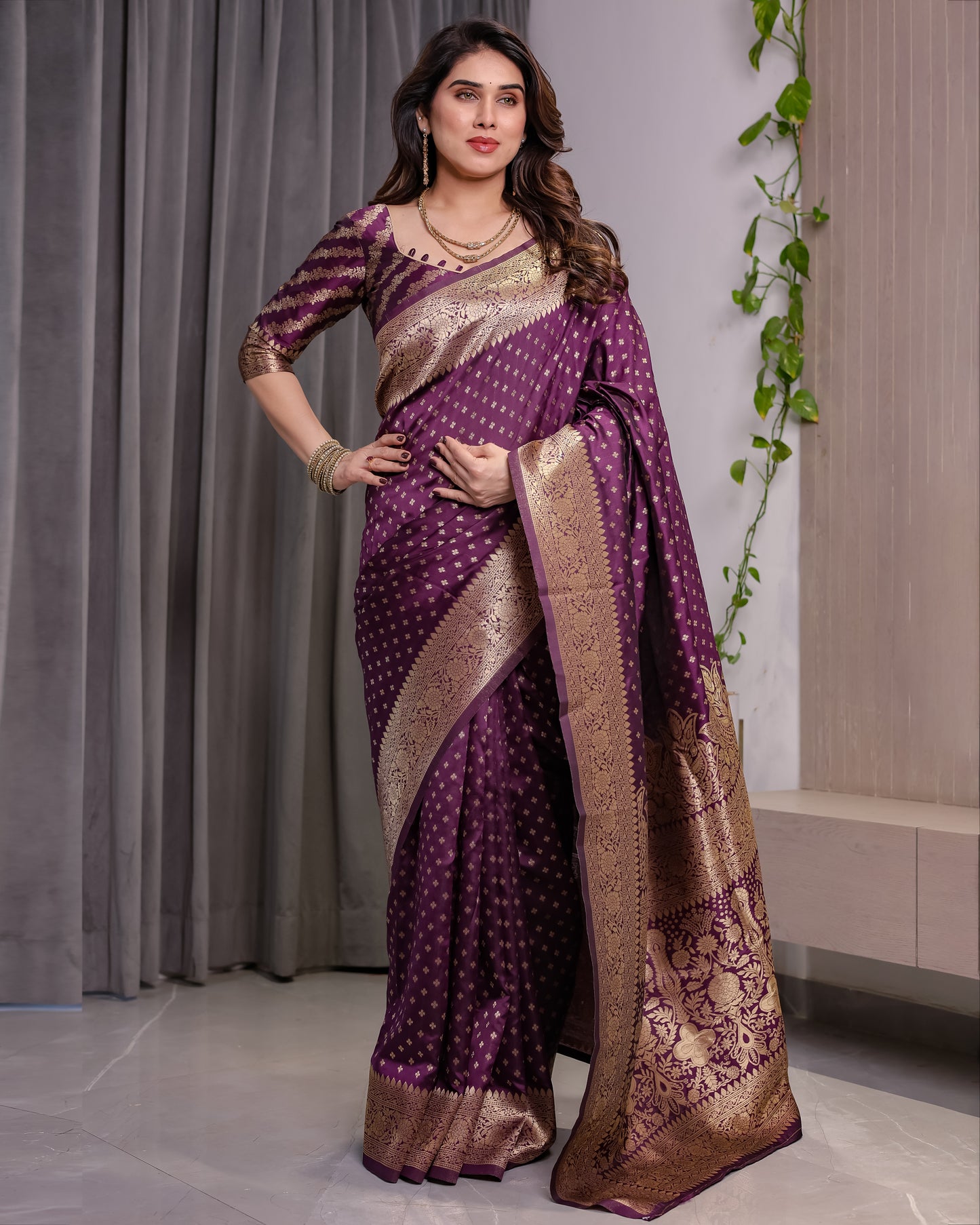 Lichu Silk Jacquard Weaving with Golden Zari Running Blouse