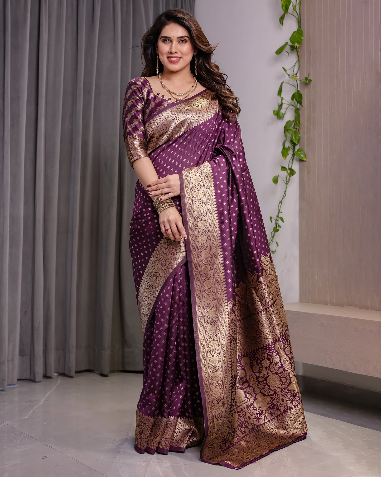 Lichu Silk Jacquard Weaving with Golden Zari Running Blouse