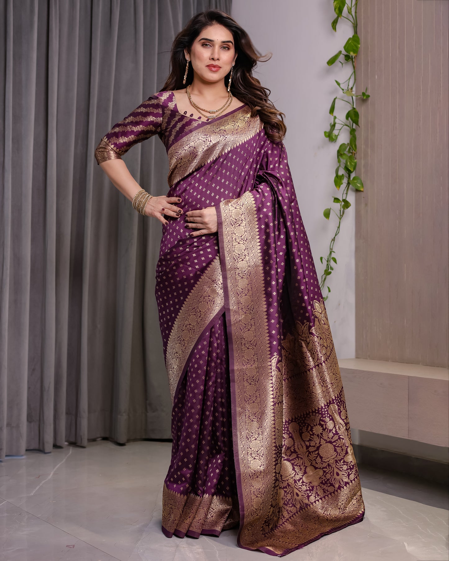Lichu Silk Jacquard Weaving with Golden Zari Running Blouse