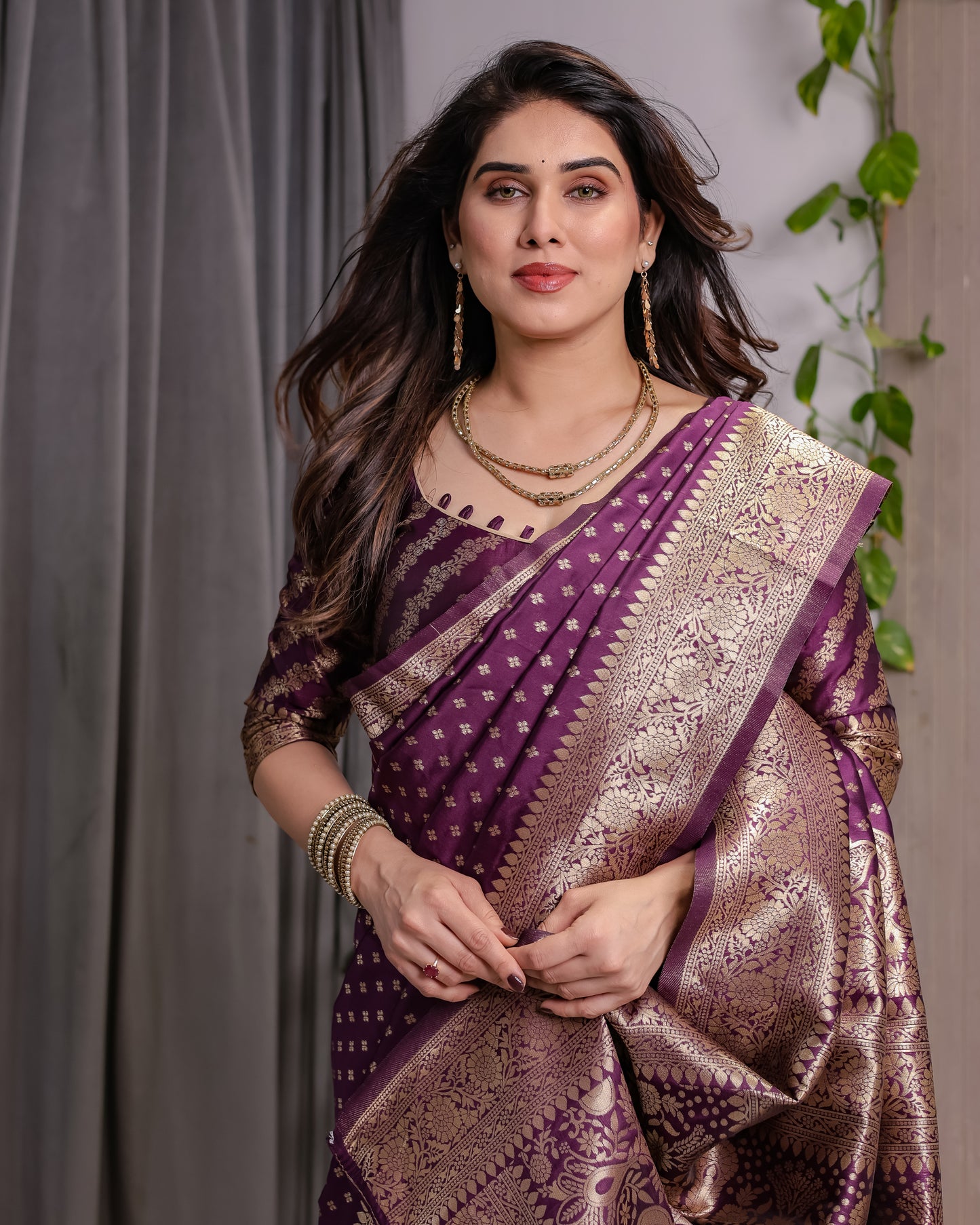 Lichu Silk Jacquard Weaving with Golden Zari Running Blouse