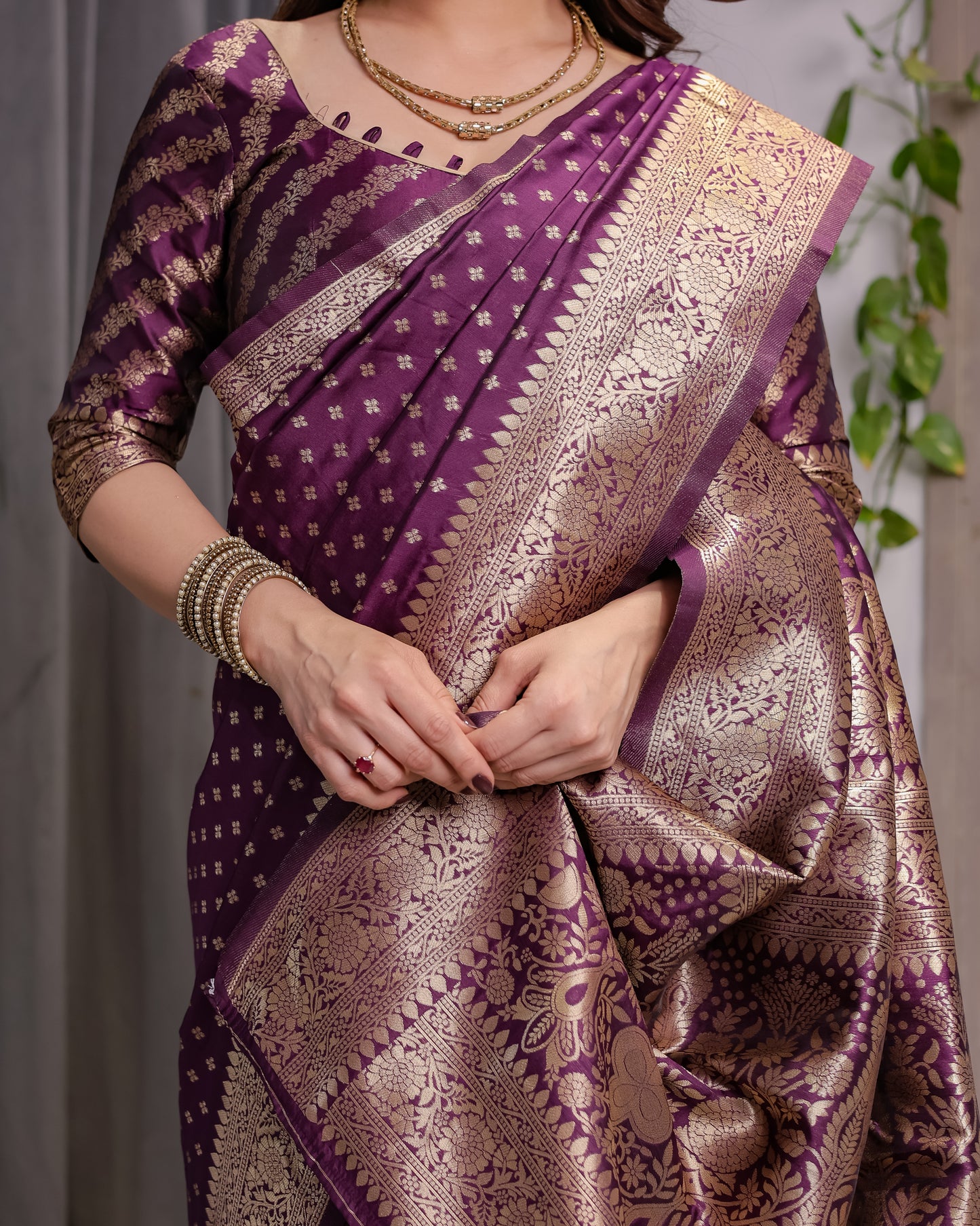 Lichu Silk Jacquard Weaving with Golden Zari Running Blouse