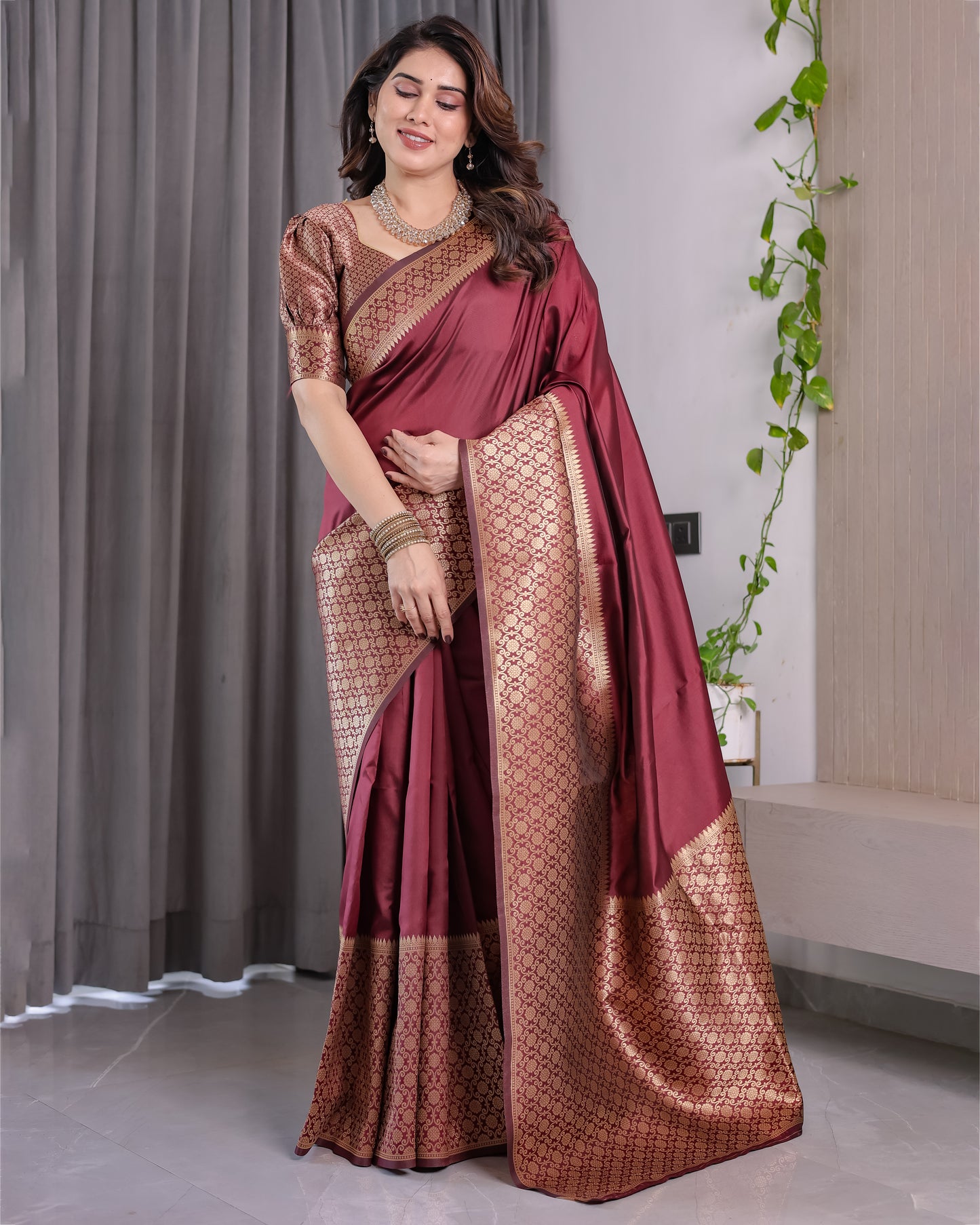 Lichu Silk Jacquard Weaving with Golden Zari Running Blouse