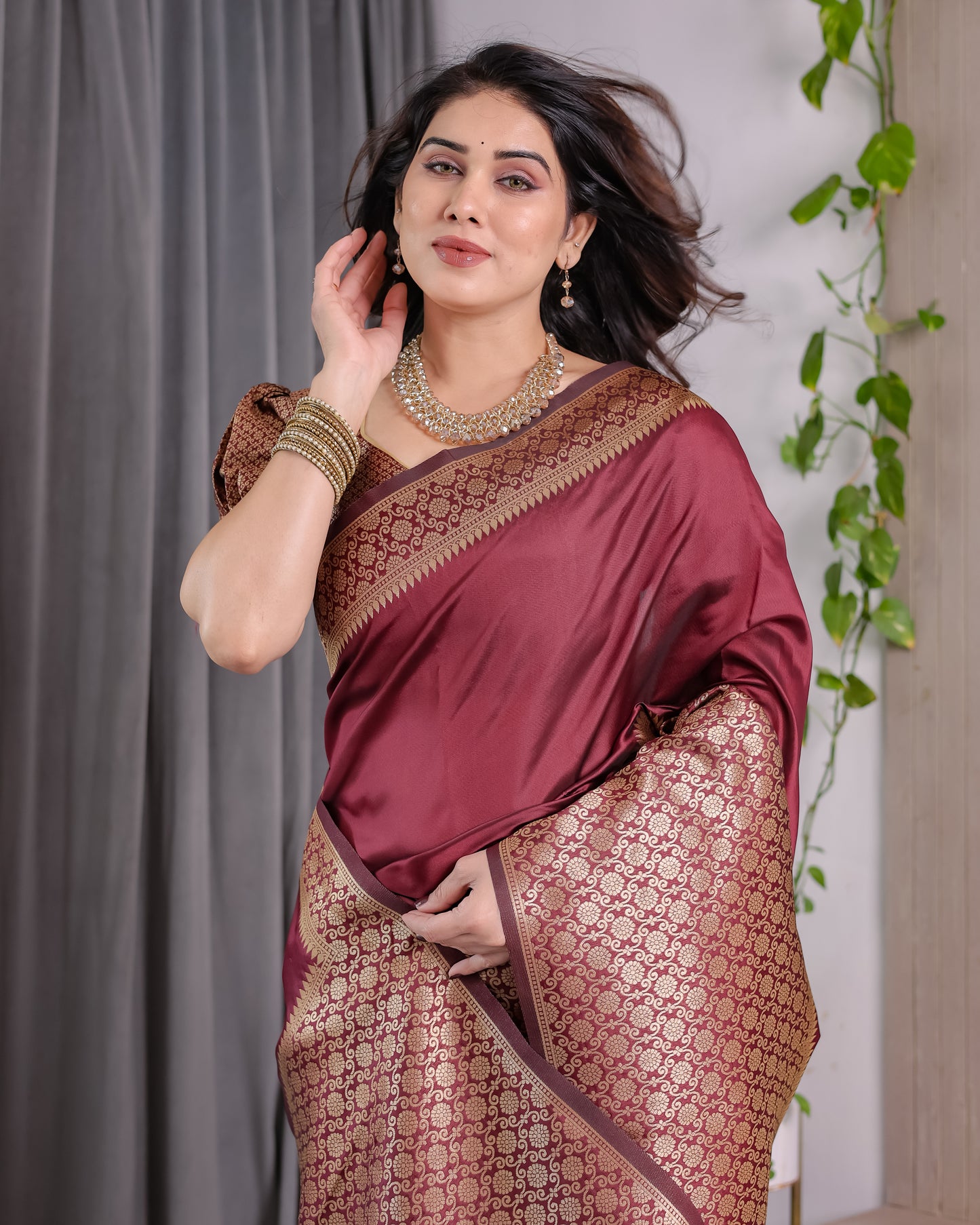 Lichu Silk Jacquard Weaving with Golden Zari Running Blouse