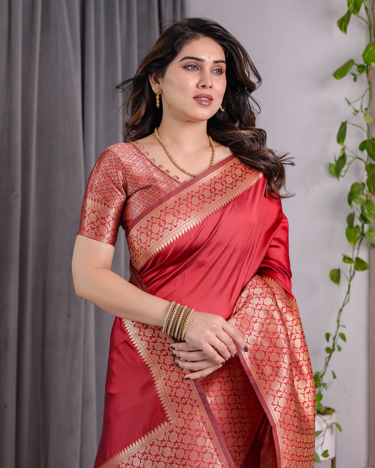 Lichu Silk Jacquard Weaving with Golden Zari Running Blouse