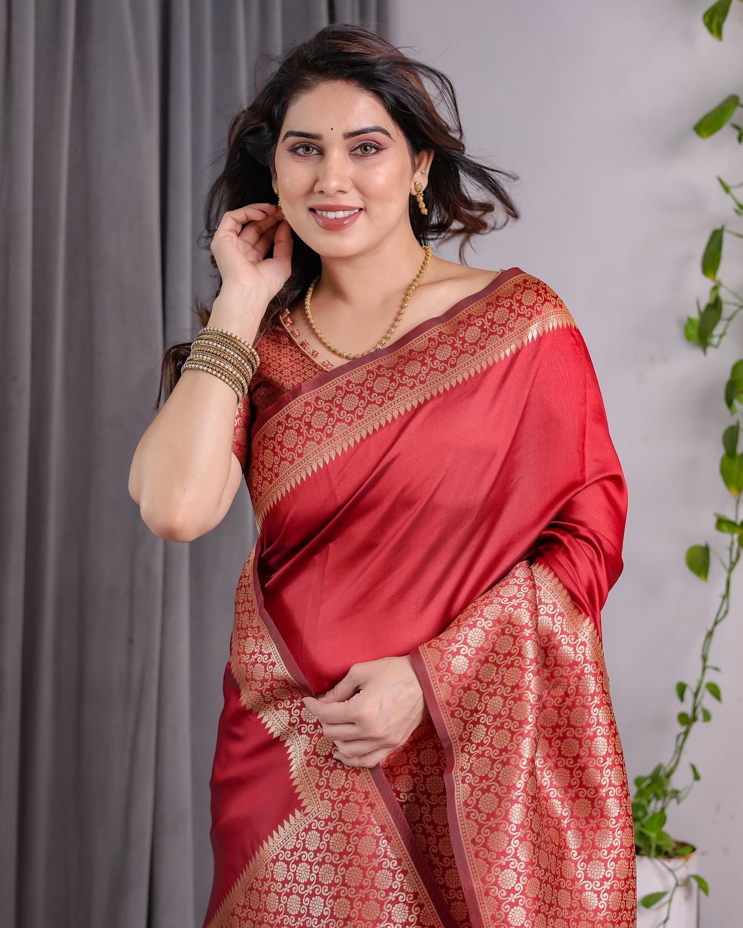 Lichu Silk Jacquard Weaving with Golden Zari Running Blouse