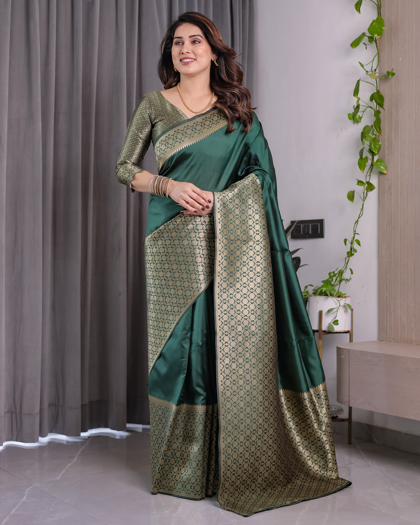 Lichu Silk Jacquard Weaving with Golden Zari Running Blouse