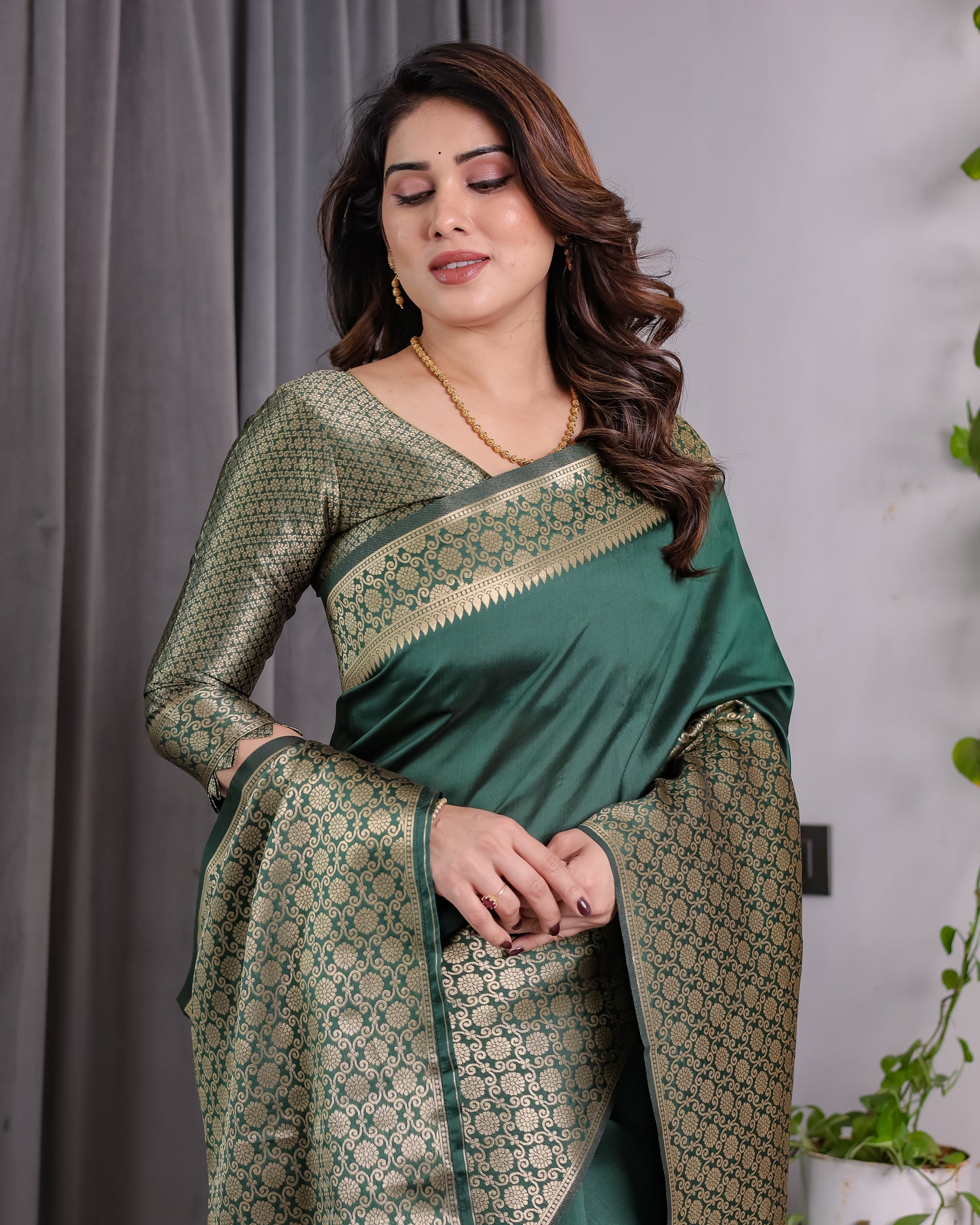 Lichu Silk Jacquard Weaving with Golden Zari Running Blouse