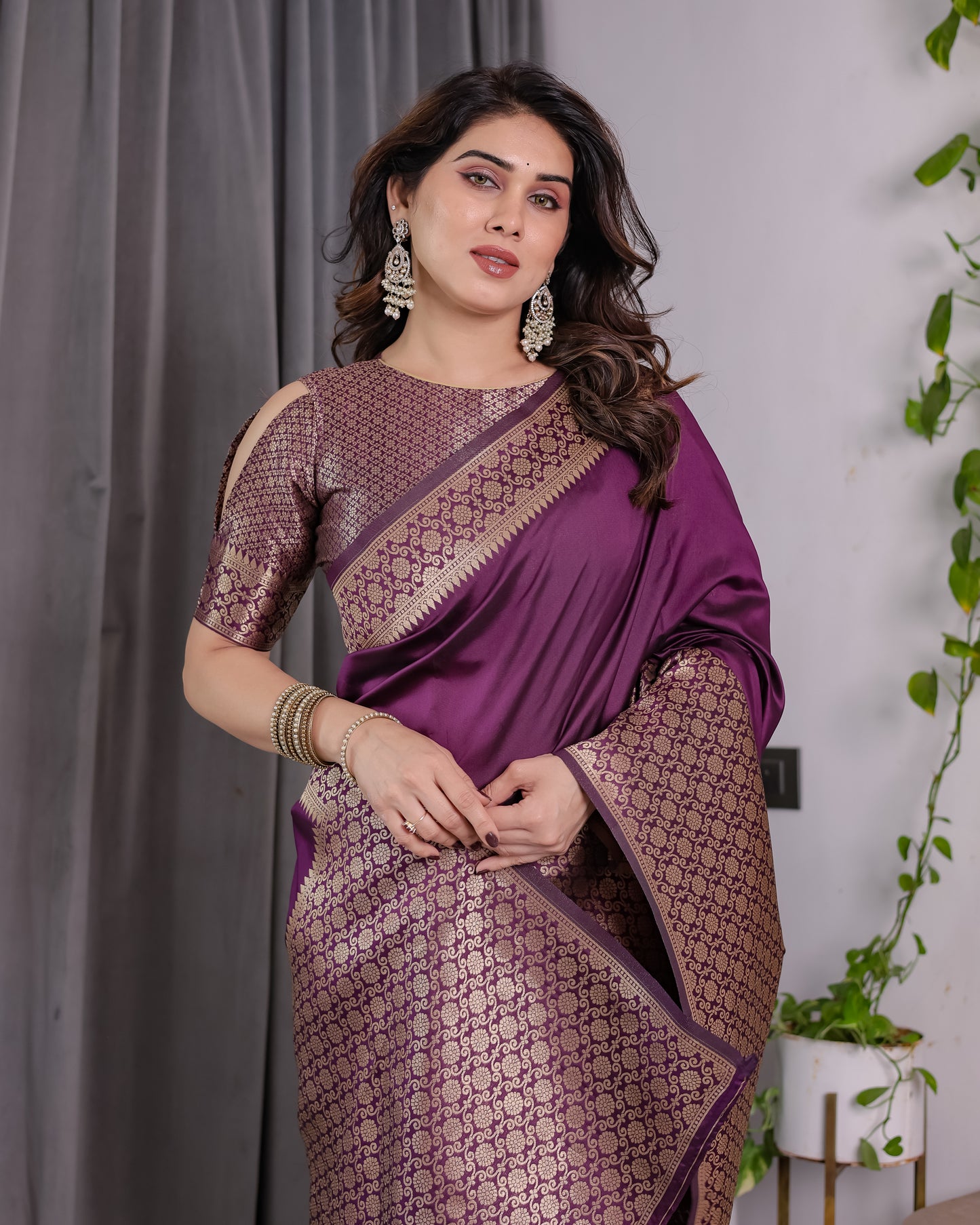 Lichu Silk Jacquard Weaving with Golden Zari Running Blouse