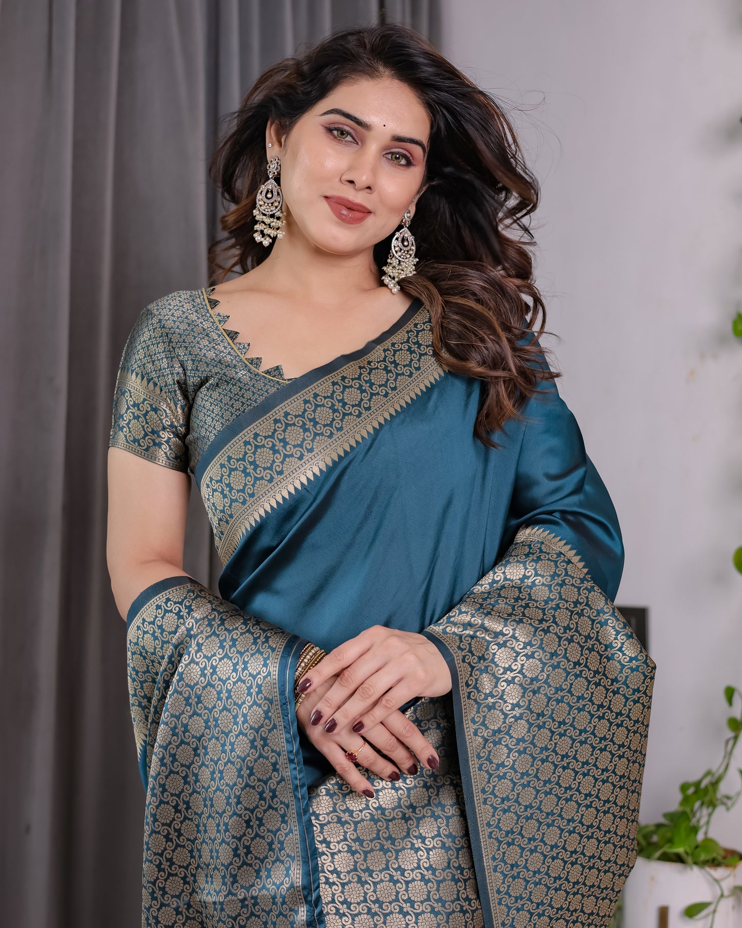 Lichu Silk Jacquard Weaving with Golden Zari Running Blouse