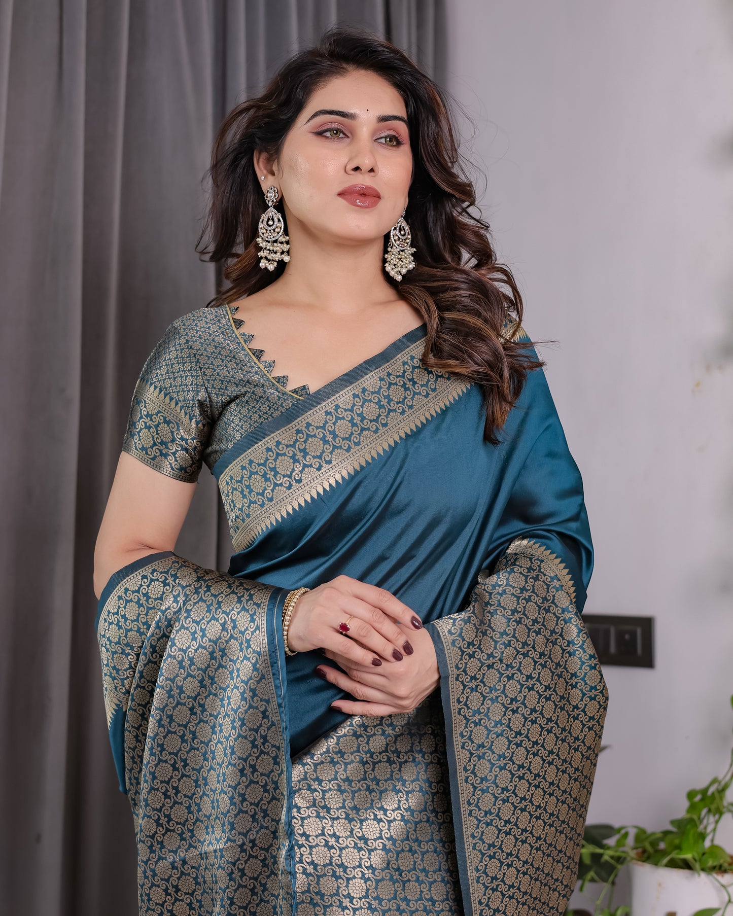 Lichu Silk Jacquard Weaving with Golden Zari Running Blouse