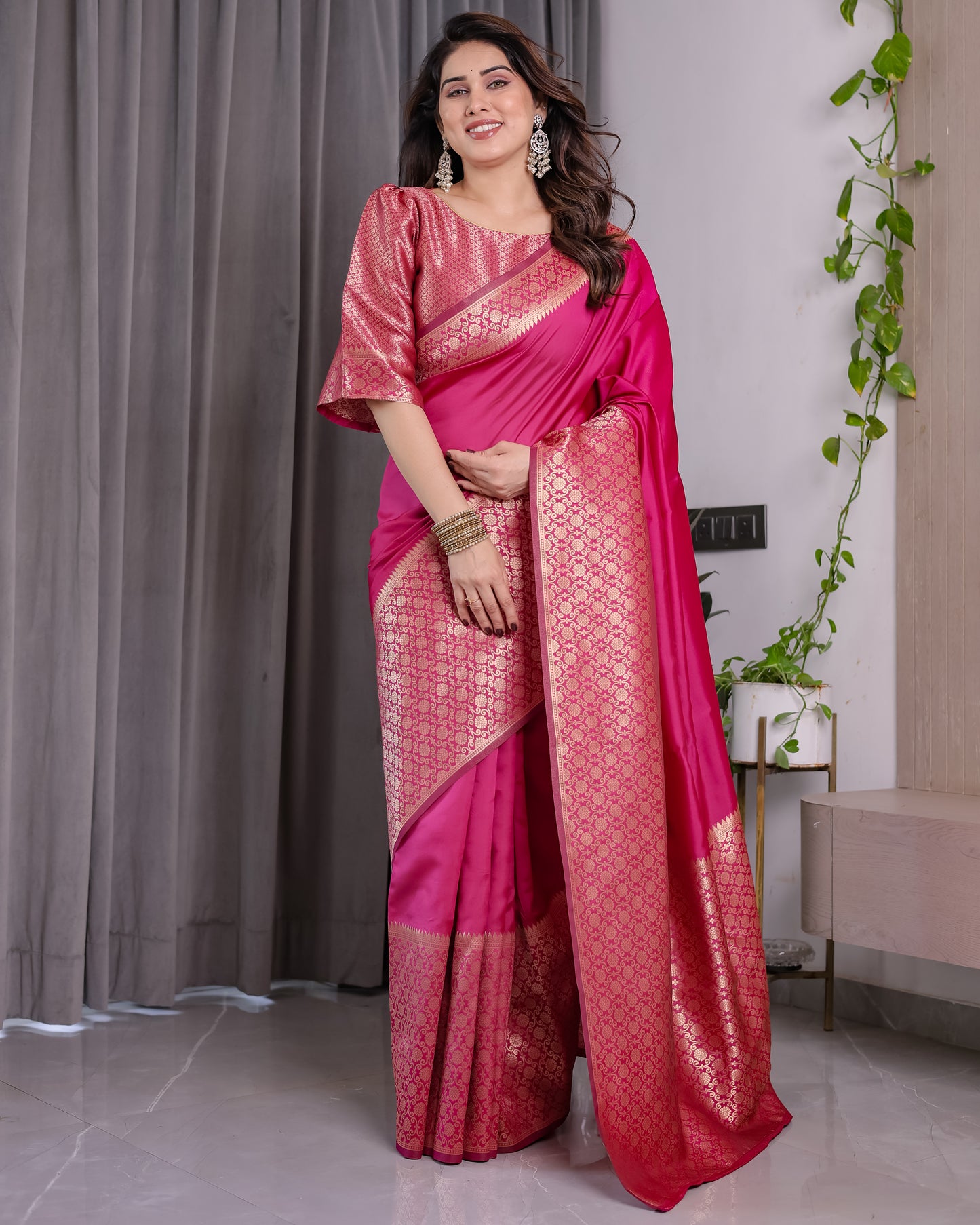 Lichu Silk Jacquard Weaving with Golden Zari Running Blouse