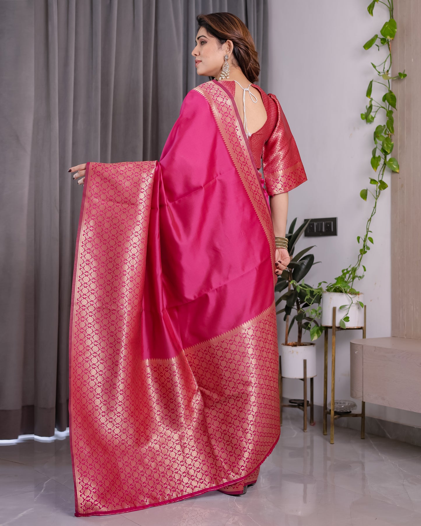 Lichu Silk Jacquard Weaving with Golden Zari Running Blouse