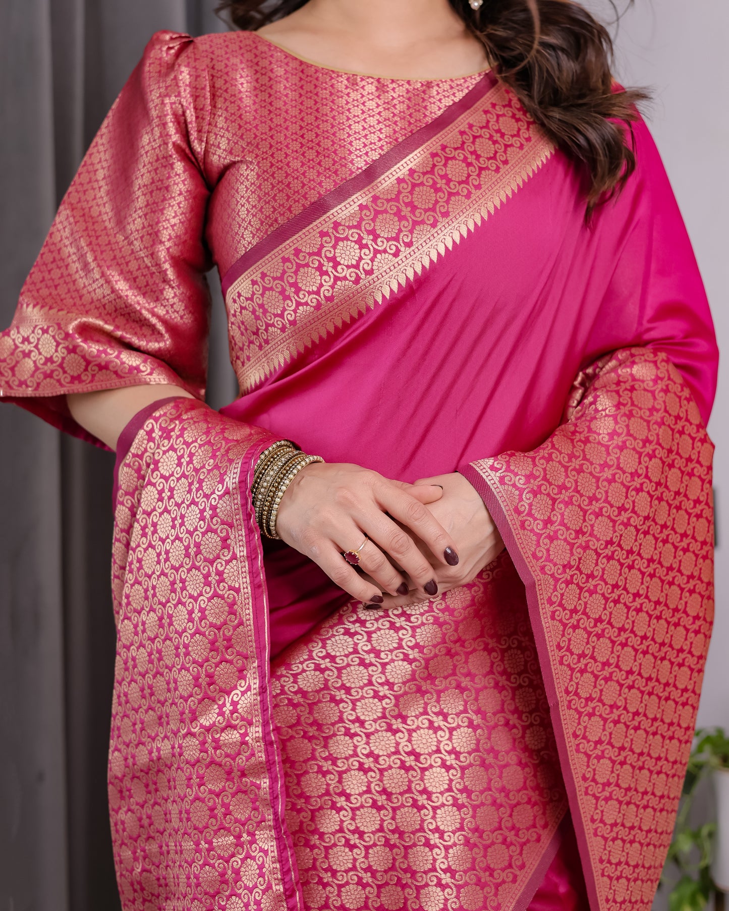 Lichu Silk Jacquard Weaving with Golden Zari Running Blouse