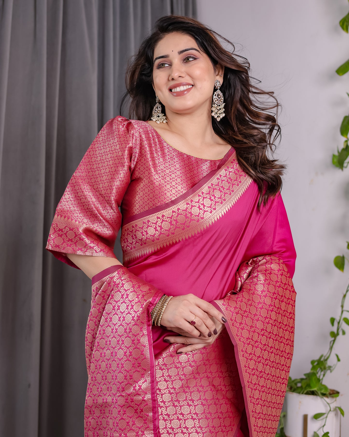 Lichu Silk Jacquard Weaving with Golden Zari Running Blouse