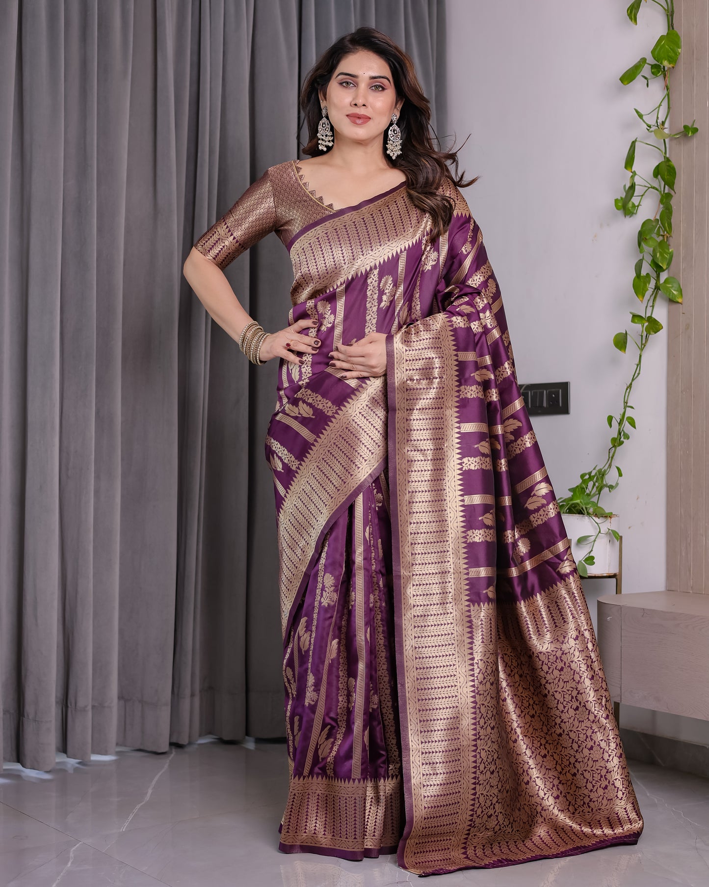 Lichu Silk Jacquard Weaving with Golden Zari Running Blouse