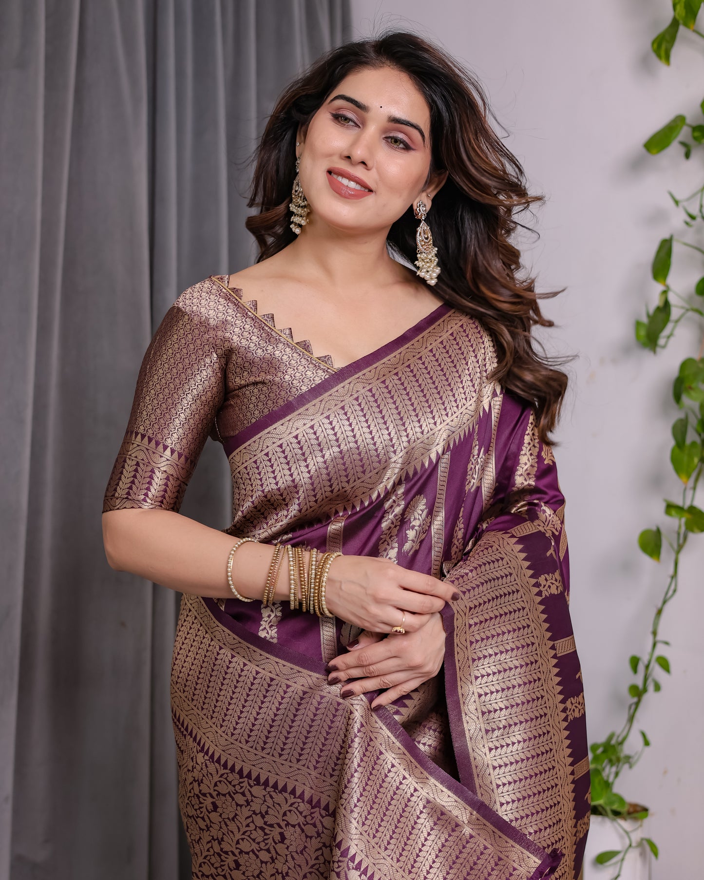 Lichu Silk Jacquard Weaving with Golden Zari Running Blouse