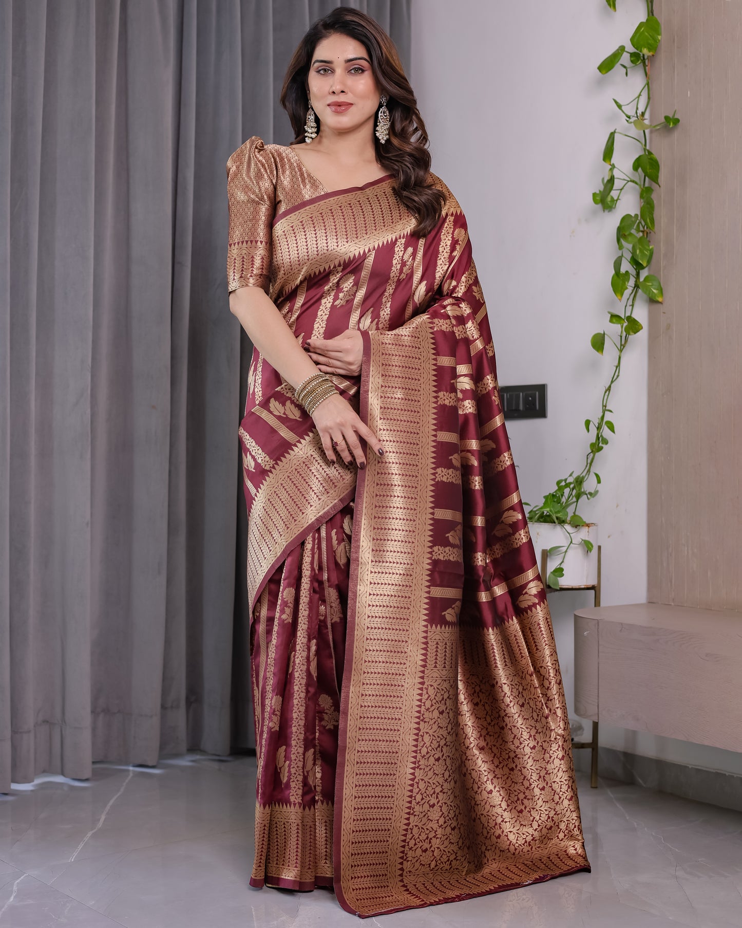 Lichu Silk Jacquard Weaving with Golden Zari Running Blouse