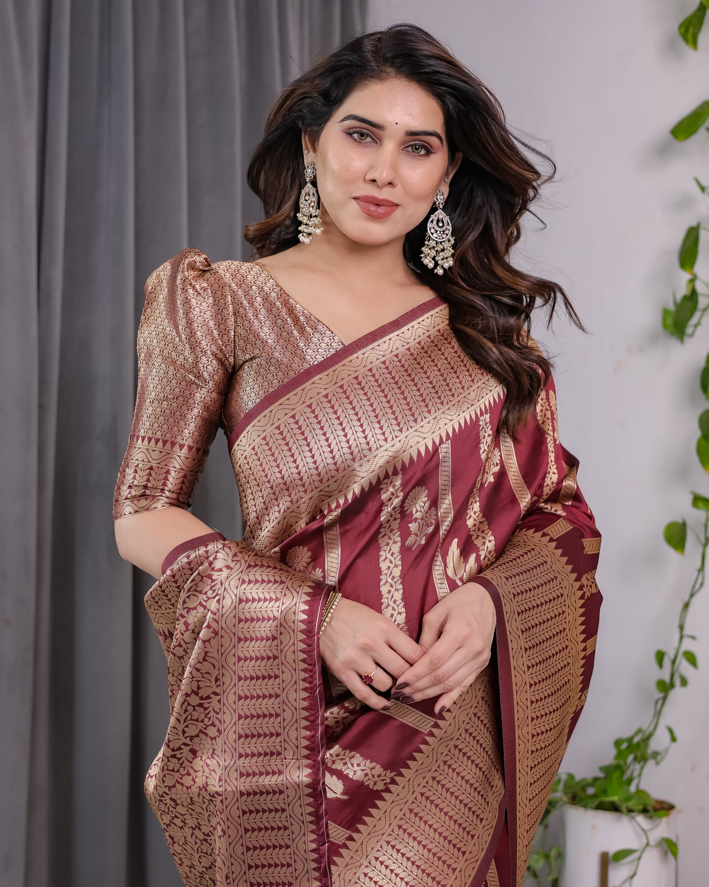 Lichu Silk Jacquard Weaving with Golden Zari Running Blouse