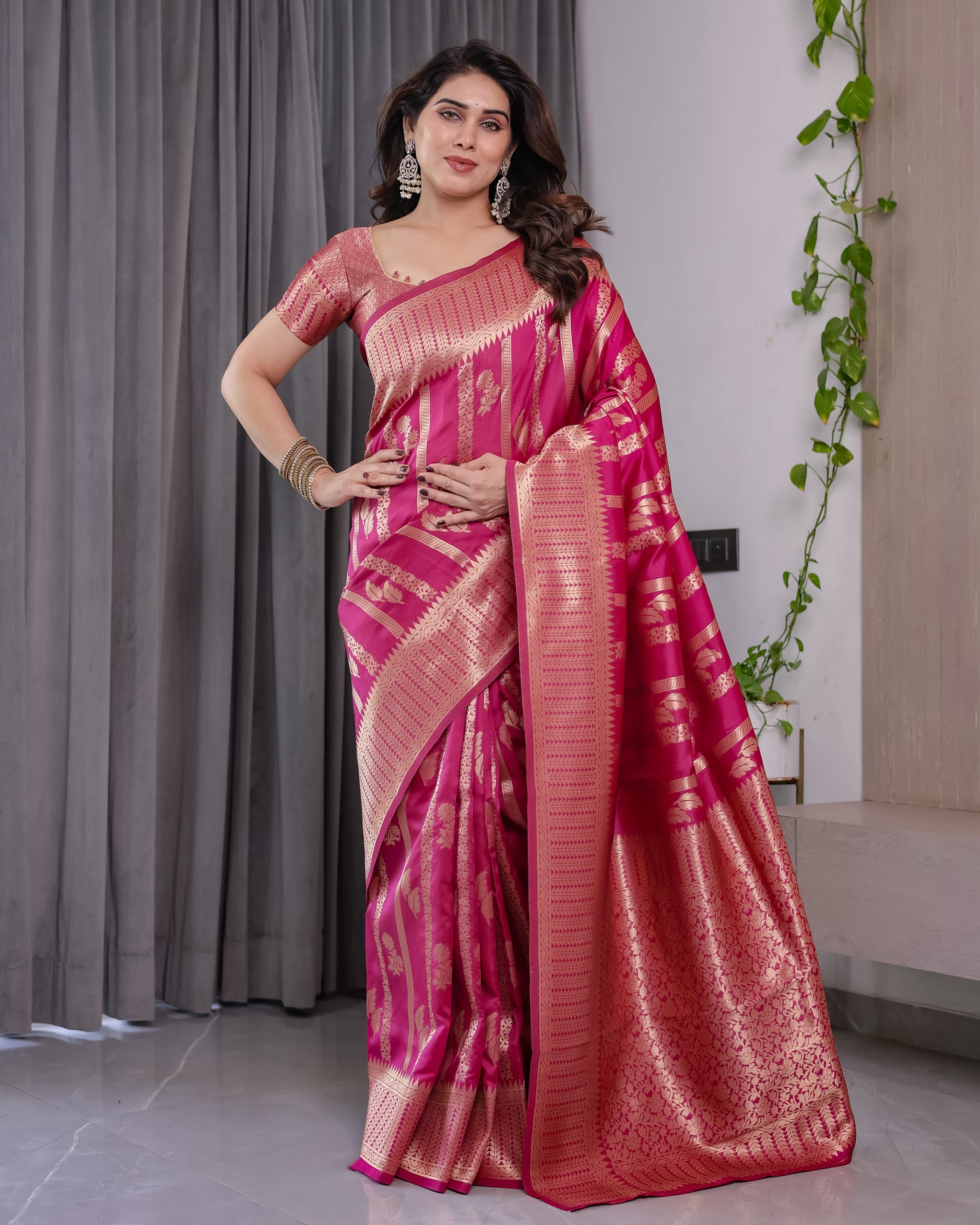 Lichu Silk Jacquard Weaving with Golden Zari Running Blouse