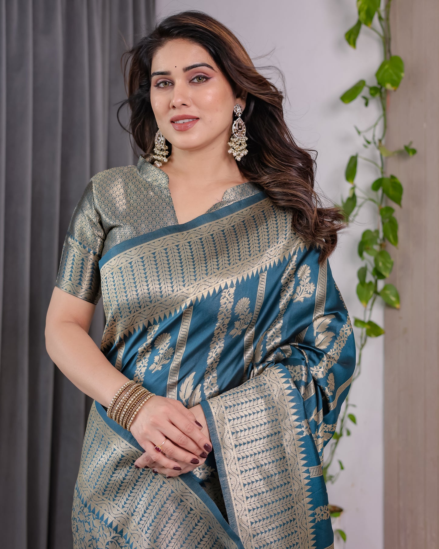 Lichu Silk Jacquard Weaving with Golden Zari Running Blouse