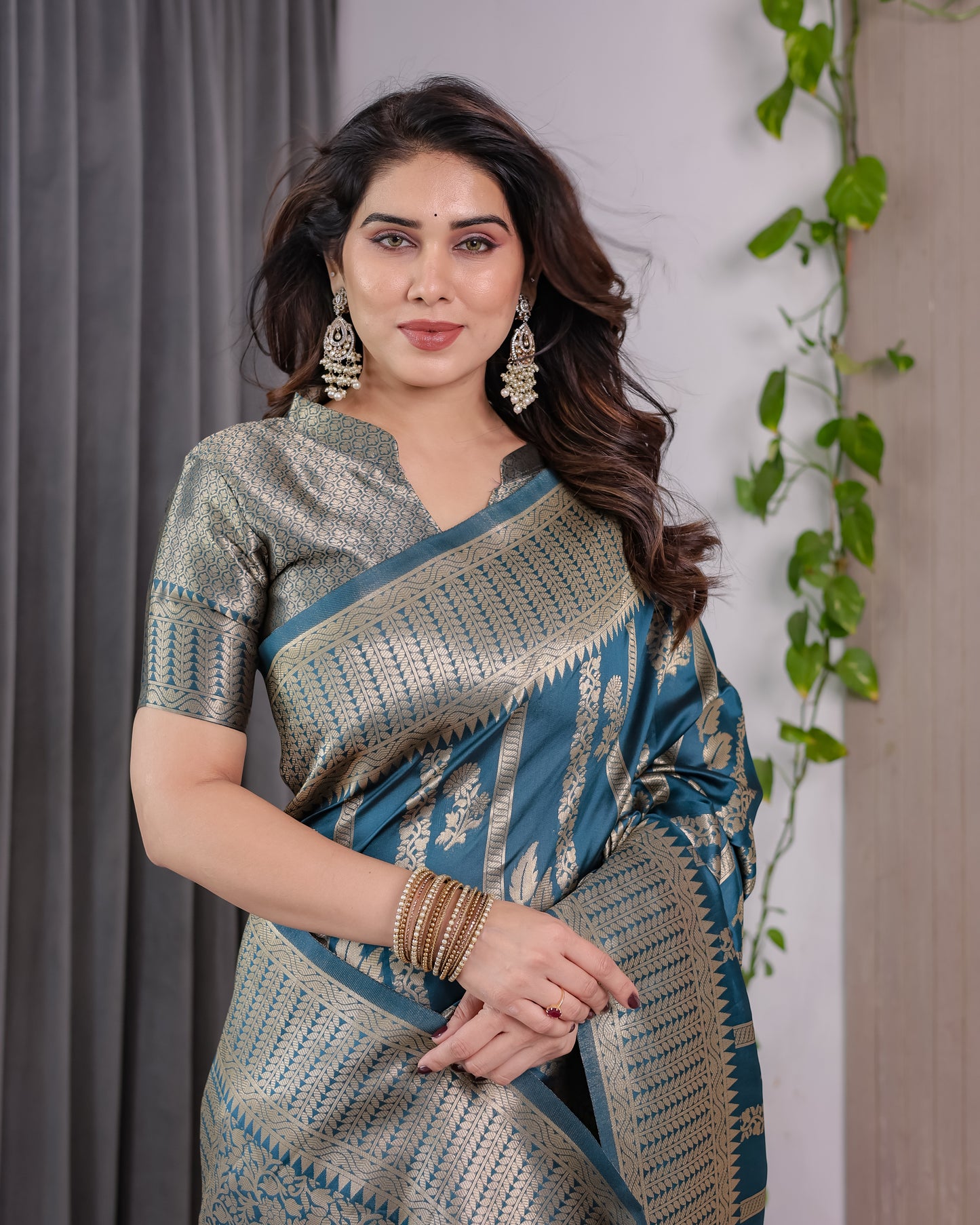 Lichu Silk Jacquard Weaving with Golden Zari Running Blouse