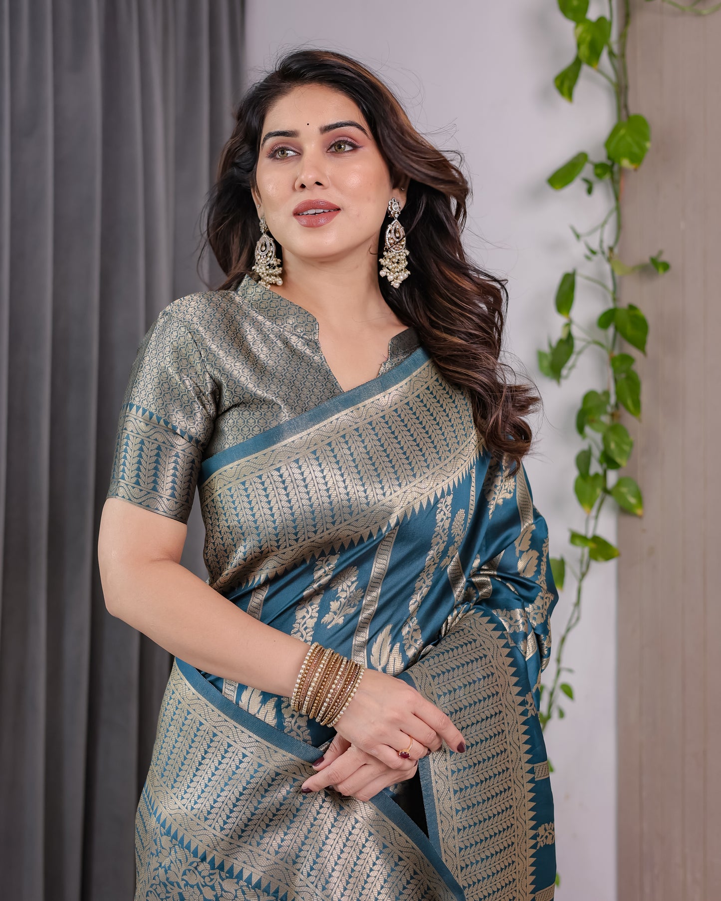 Lichu Silk Jacquard Weaving with Golden Zari Running Blouse