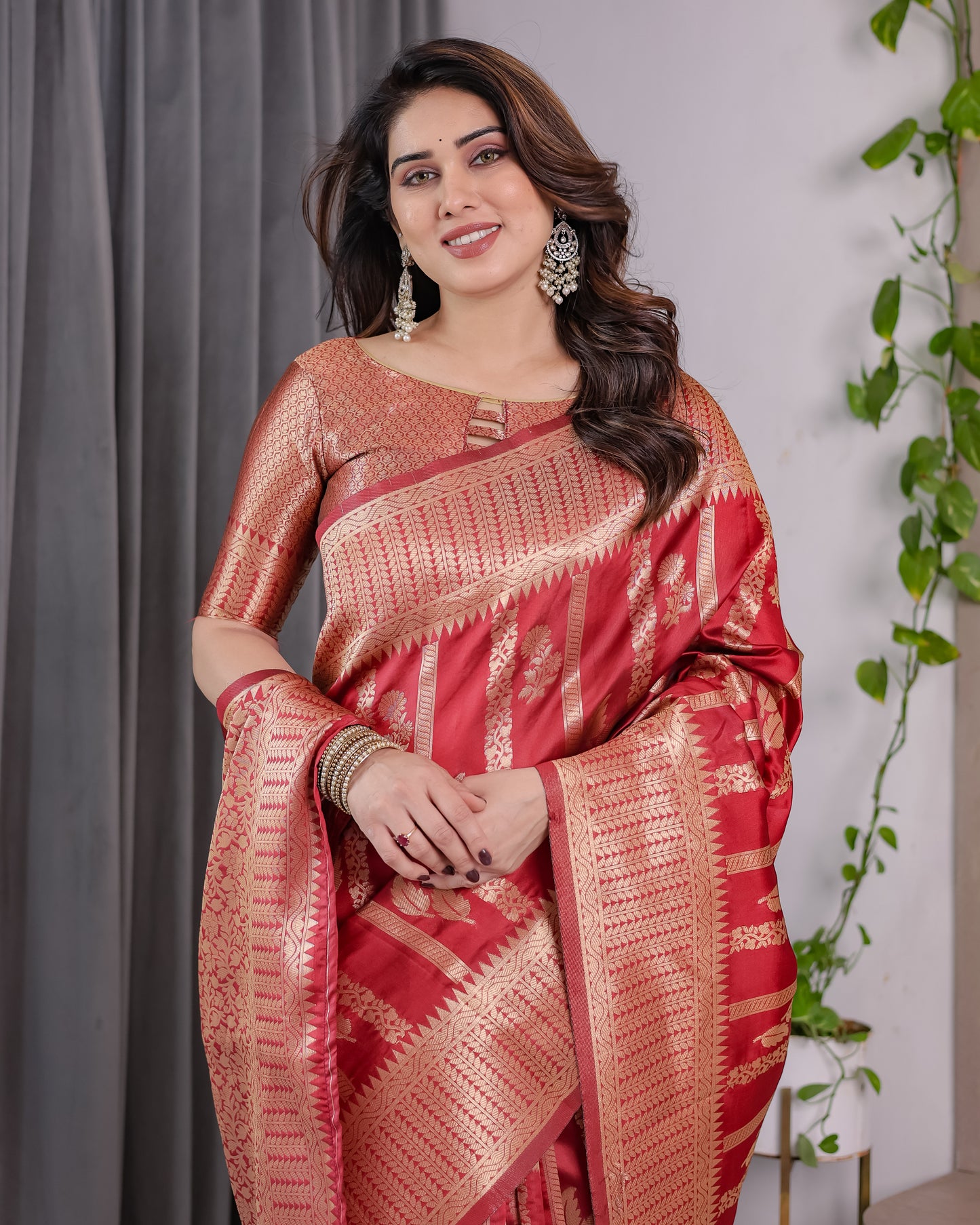 Lichu Silk Jacquard Weaving with Golden Zari Running Blouse