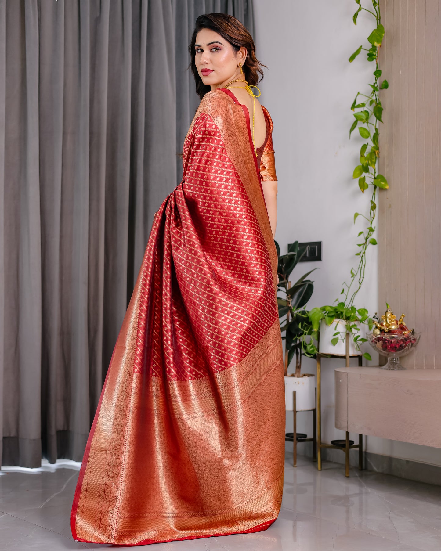 Lichu Silk Jacquard Weaving with Golden Zari Running Blouse
