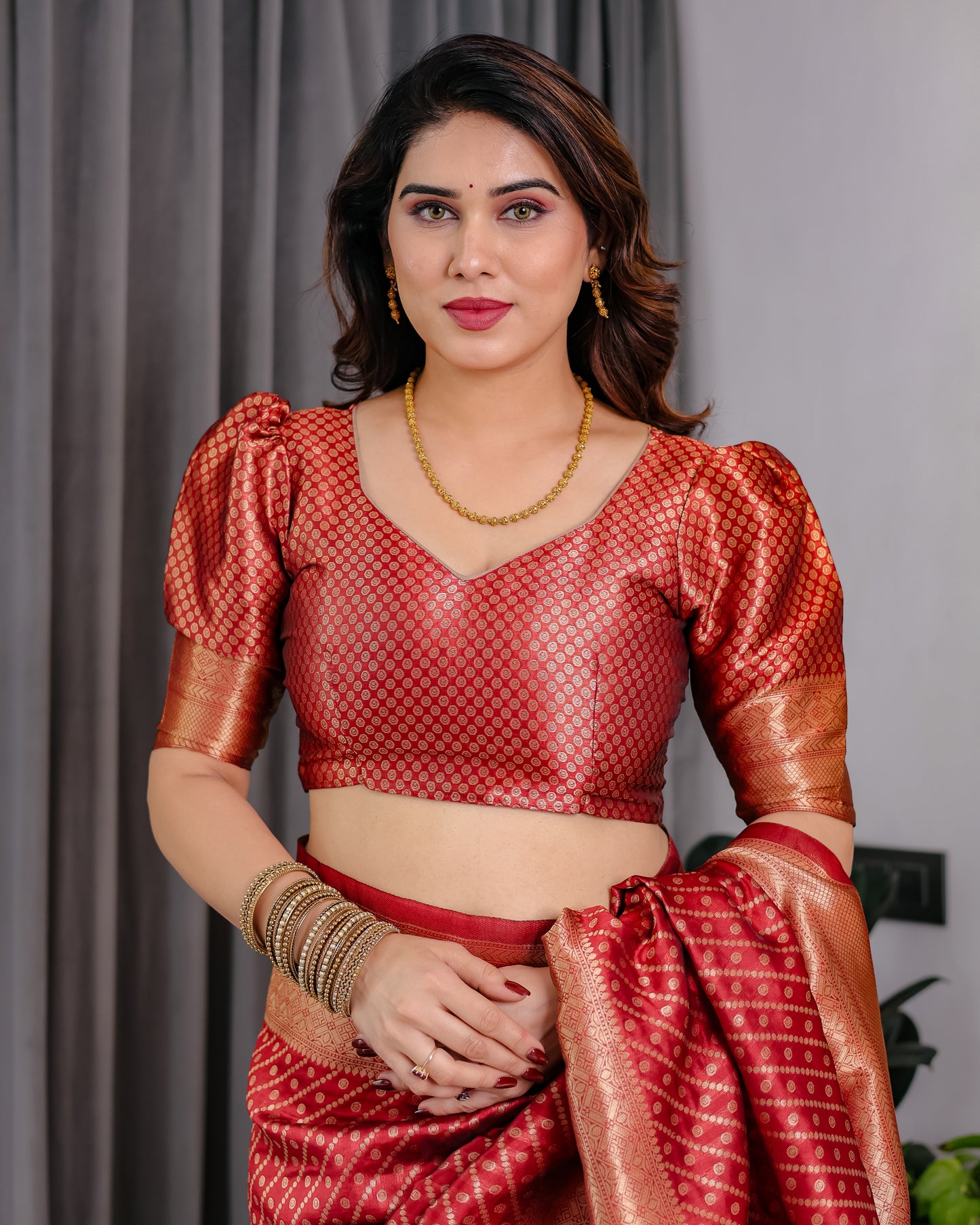 Lichu Silk Jacquard Weaving with Golden Zari Running Blouse