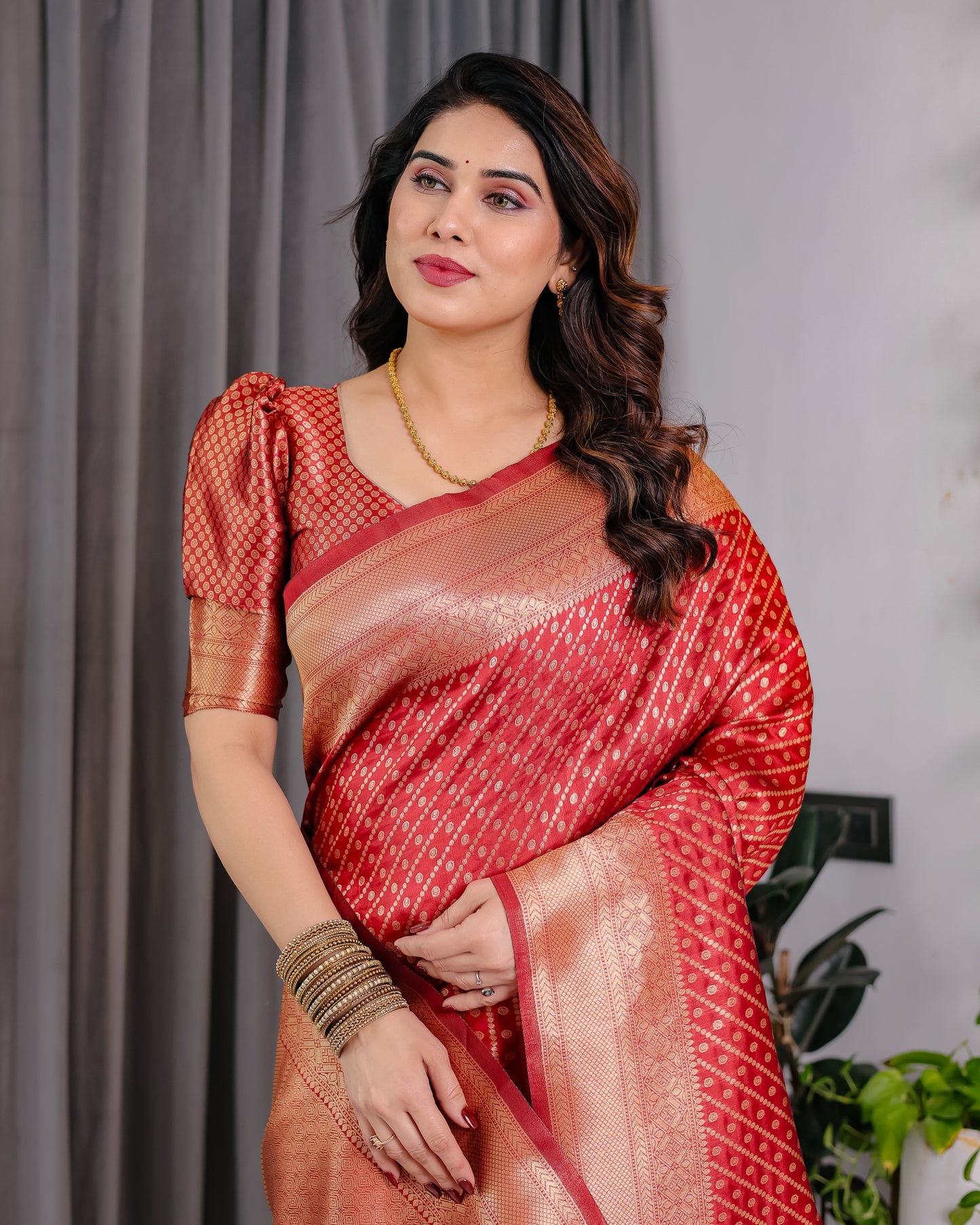 Lichu Silk Jacquard Weaving with Golden Zari Running Blouse