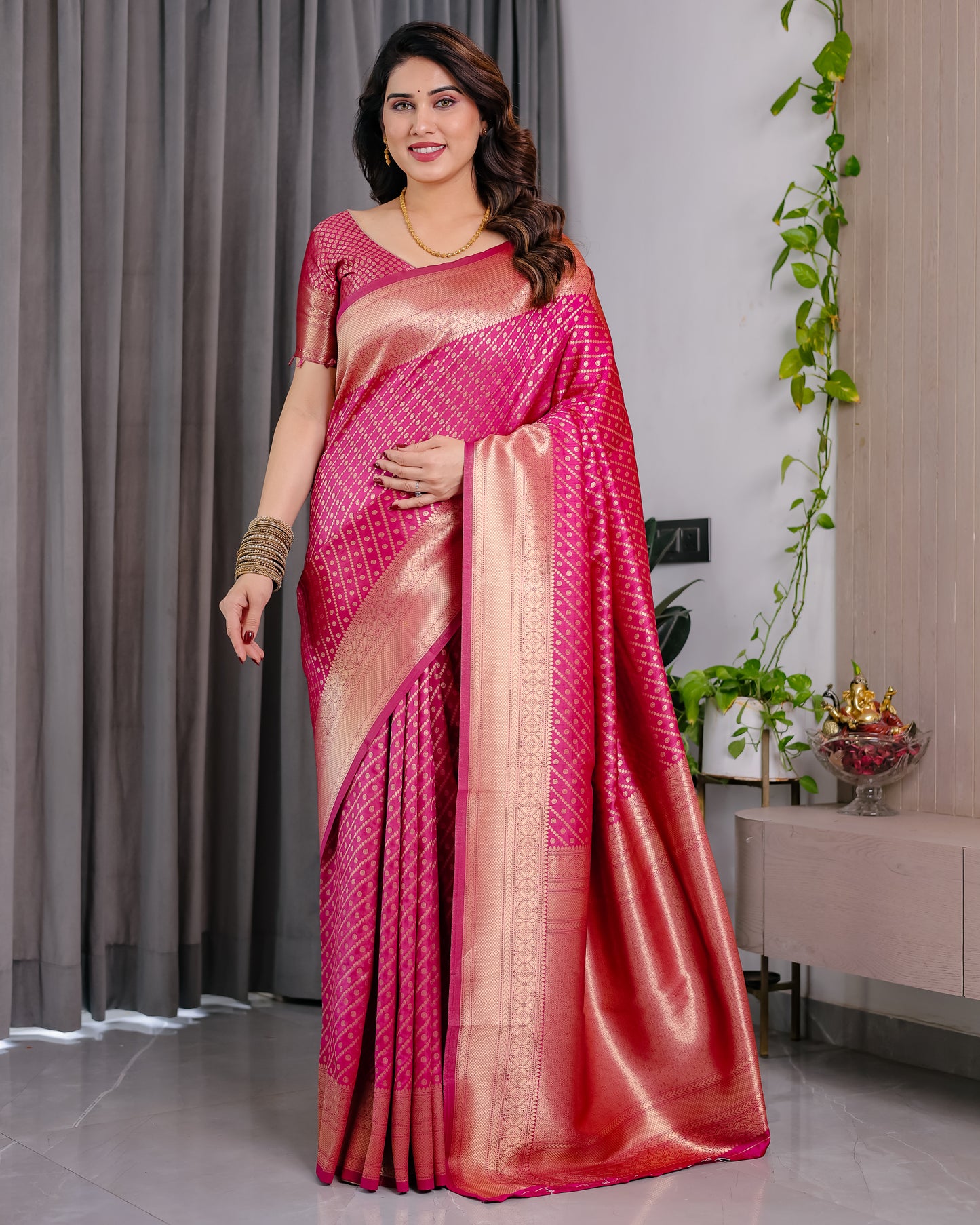 Lichu Silk Jacquard Weaving with Golden Zari Running Blouse
